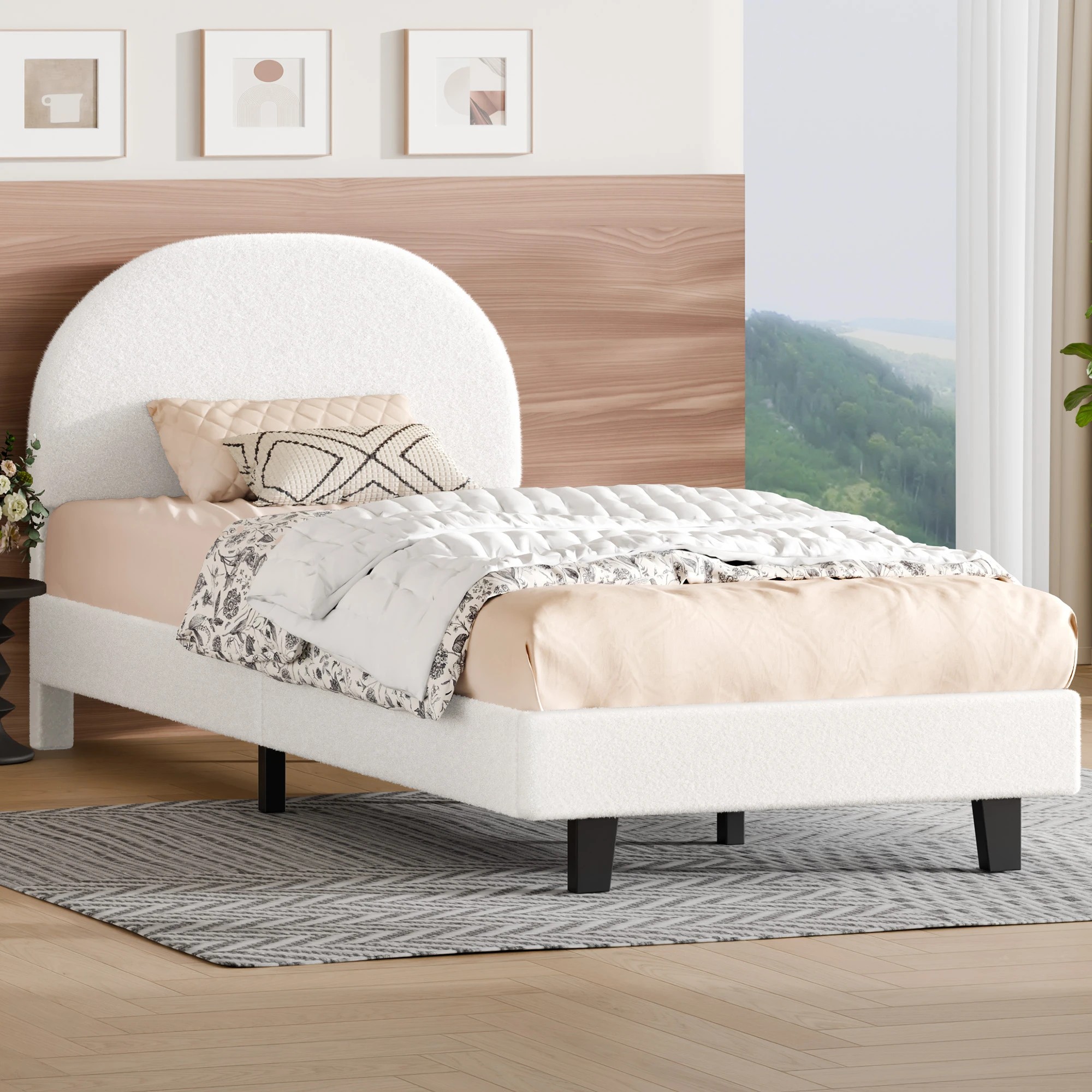 2 Alfordson Bed Frame King Single Size Boucle Mattress Base Platform - White, 2 of 9