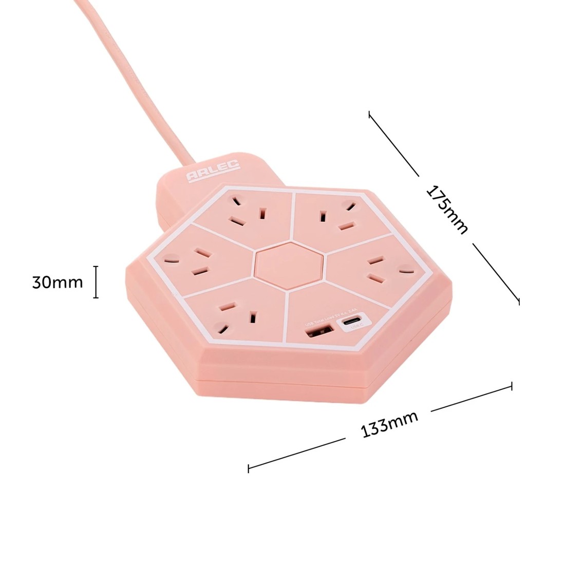 6 Arlec 5 Outlet Hexagon USB A & C Charging Ports Powerboard - Pink, 6 of 6