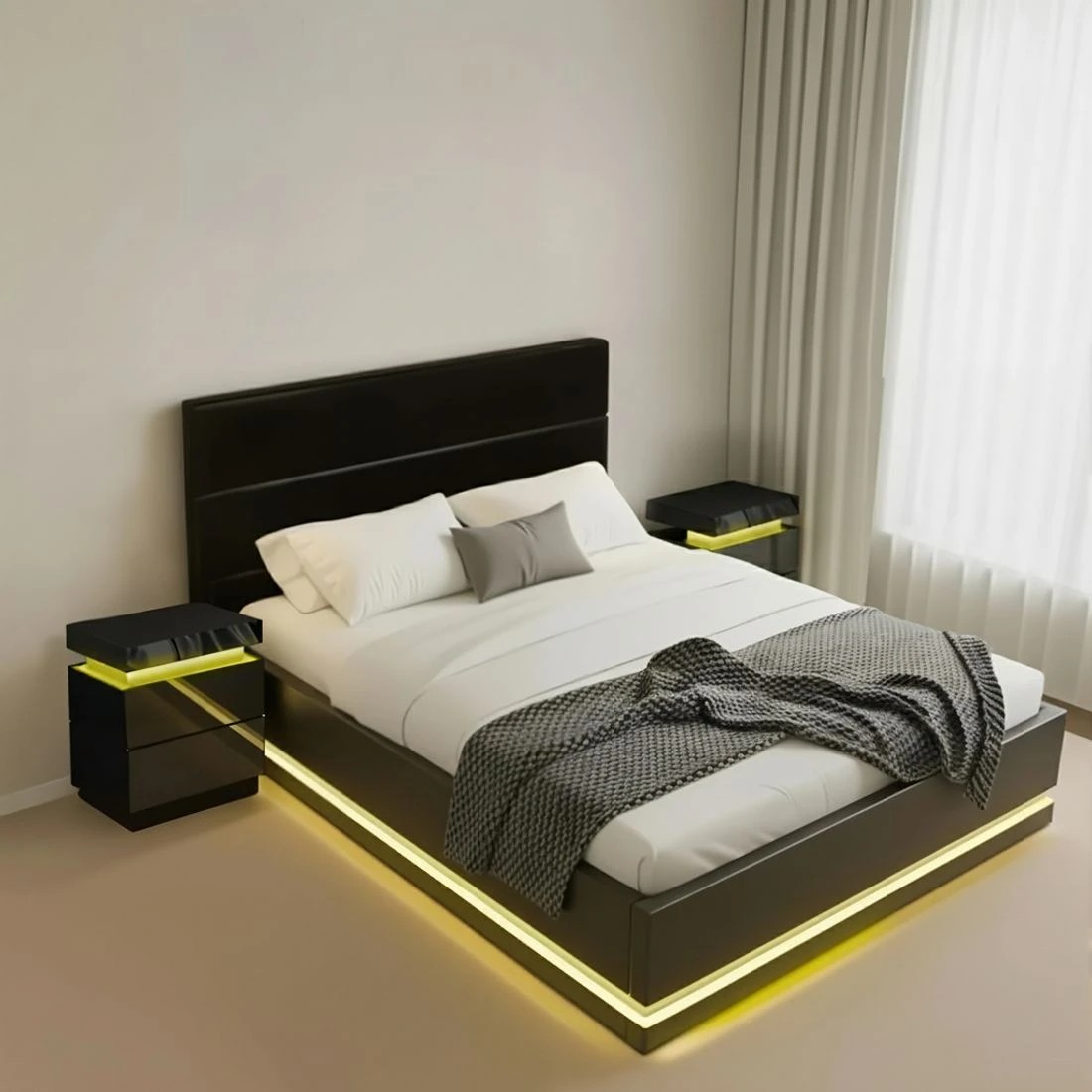 4 Artiss RGB LED Queen Bed Frame with 2 Beside Tables Set 16 Colour Mood - Black, 4 of 8