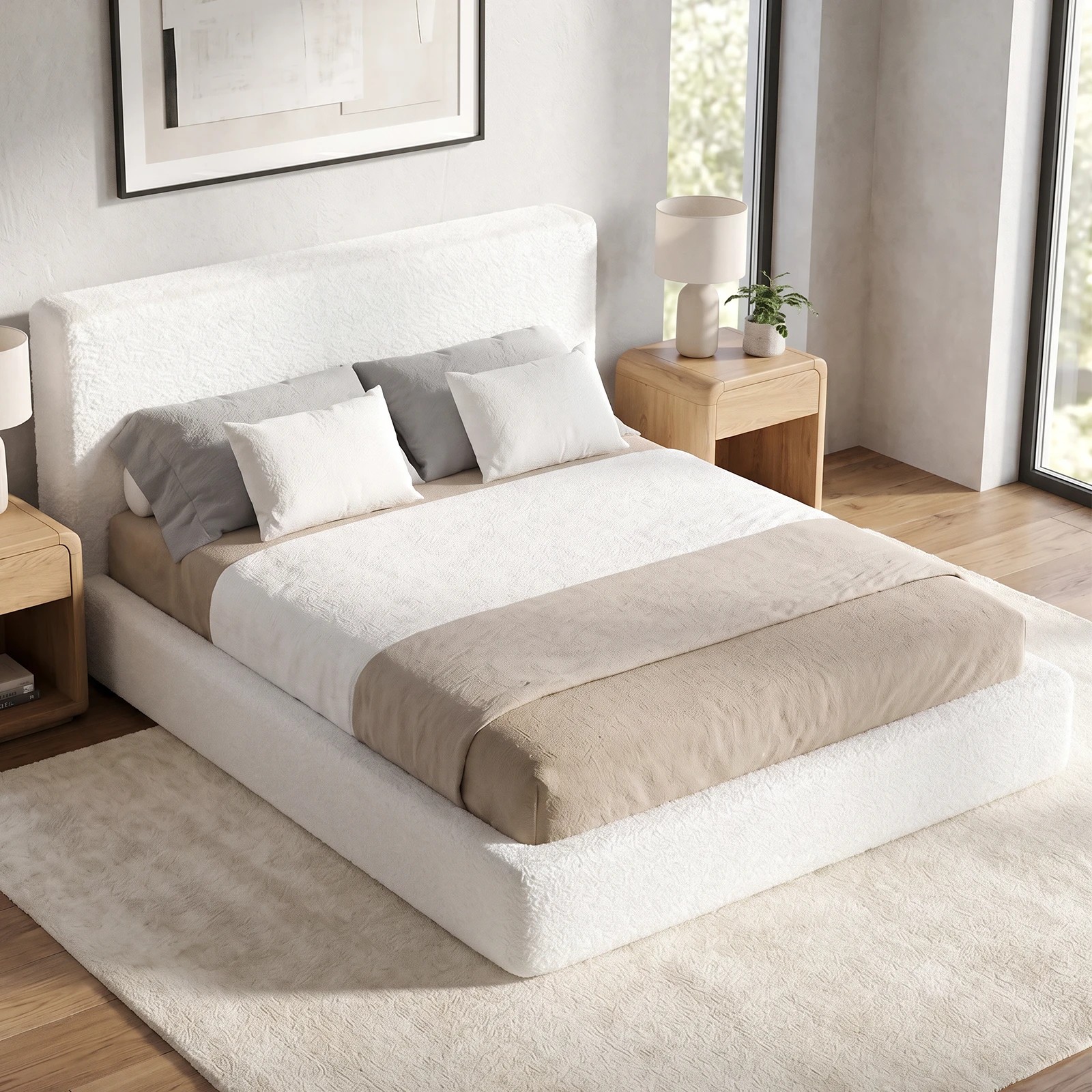 7 Advwin Queen Bed Frame with Boucle Fabric Headboard 8CM Foam Cushioned - White, 7 of 9