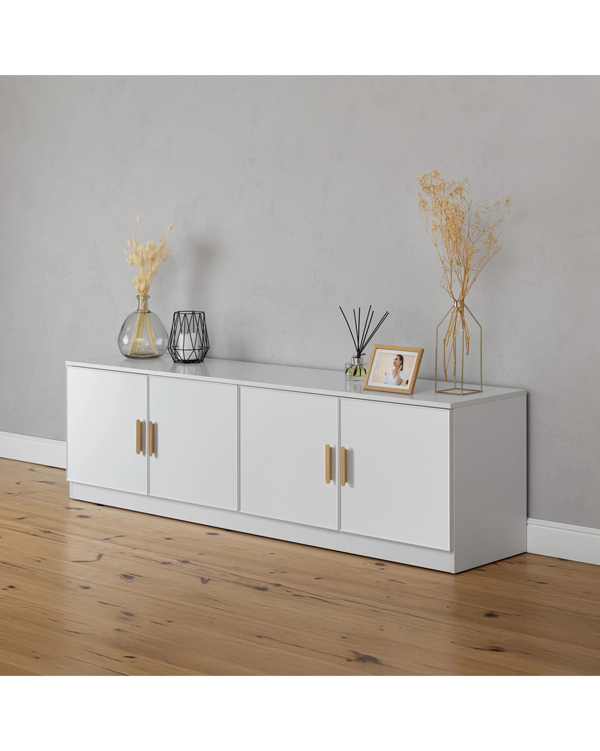 3 European Cabinetry Bucharest Slim Panel TV Unit Brass Oval Handle - White, 3 of 4