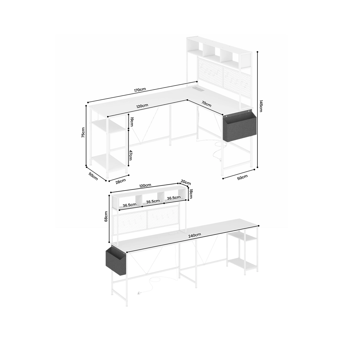 2 Advwin 170cm L Shaped Gaming Desk With Led Lights & Power Outlets Reversible Storage Shelf Computer Corner Desk White, 2 of 10