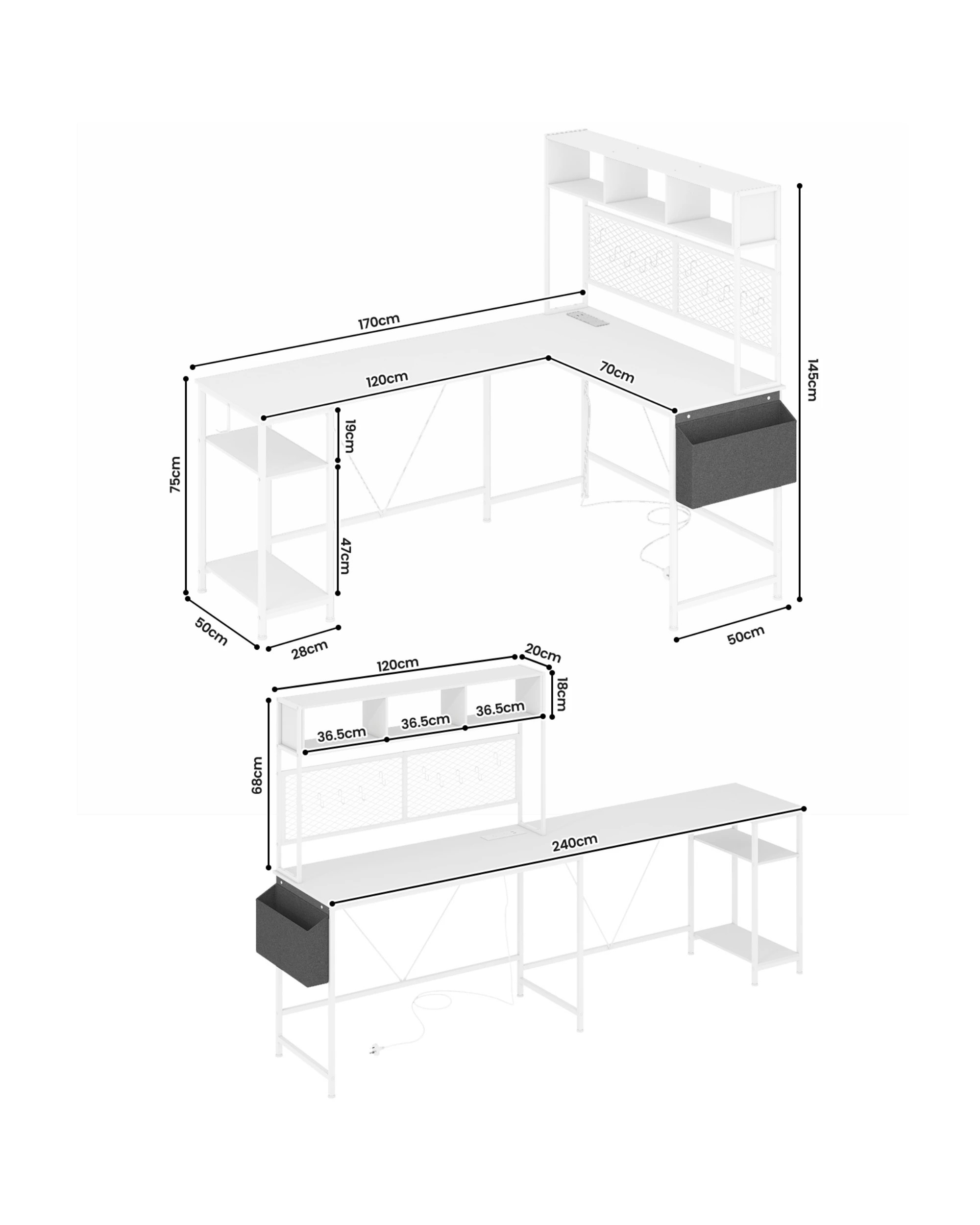 2 Advwin 170cm L Shaped Gaming Desk With Led Lights & Power Outlets Reversible Storage Shelf Computer Corner Desk White, 2 of 9