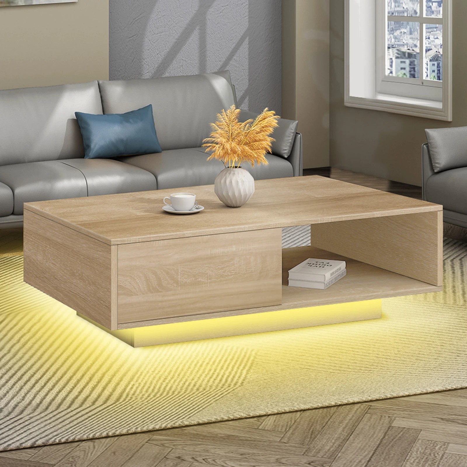 2 Alfordson Coffee Table LED RGB Light Storage Drawer Modern Furniture - Oak, 2 of 9