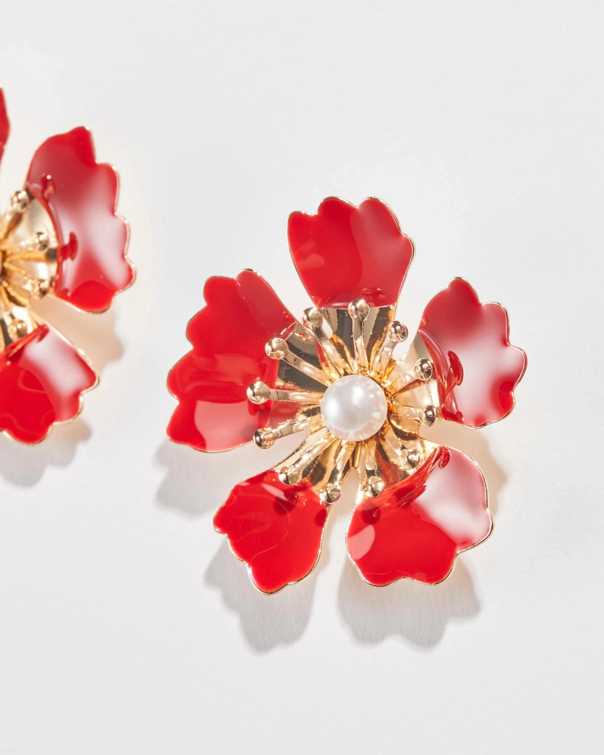 2 Target Enamel Pearl Flower Stud Earrings RED, 2 of 2