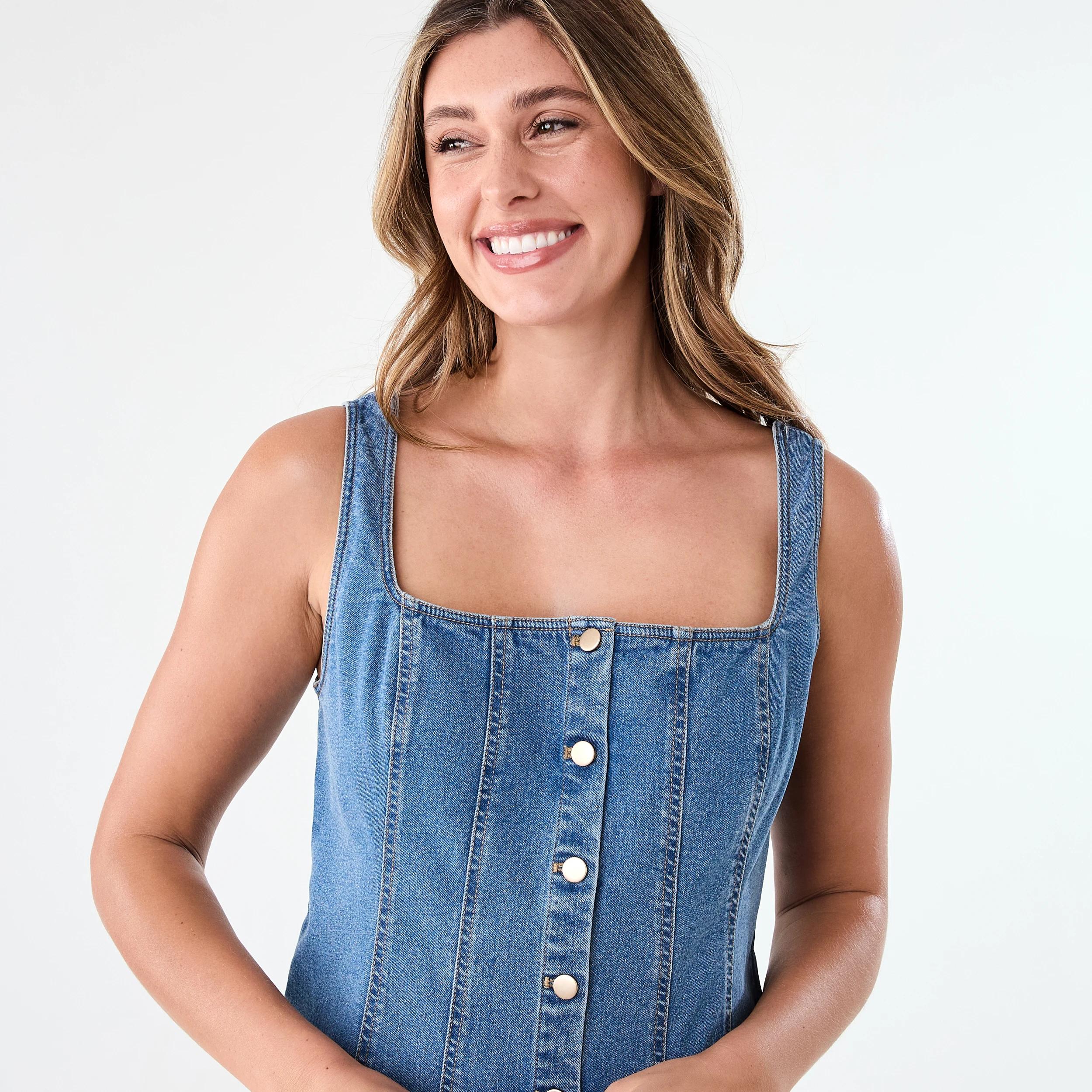 4 Sleeveless Square Neck Denim Mini Dress Mid Wash, 4 of 7
