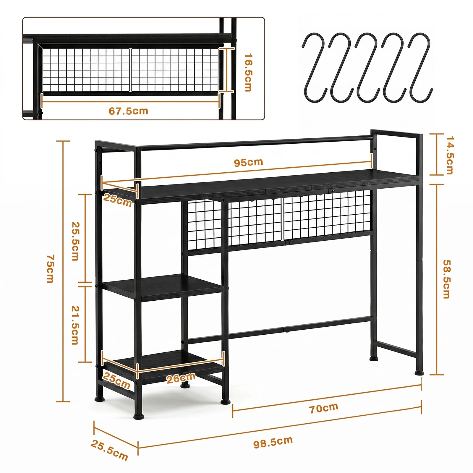 2 Advwin Desktop Organizer Shelf  Desktop Display Rack with Open shelves & 5 Hooks Desk Hutch for Computer Desk - Black, 2 of 7