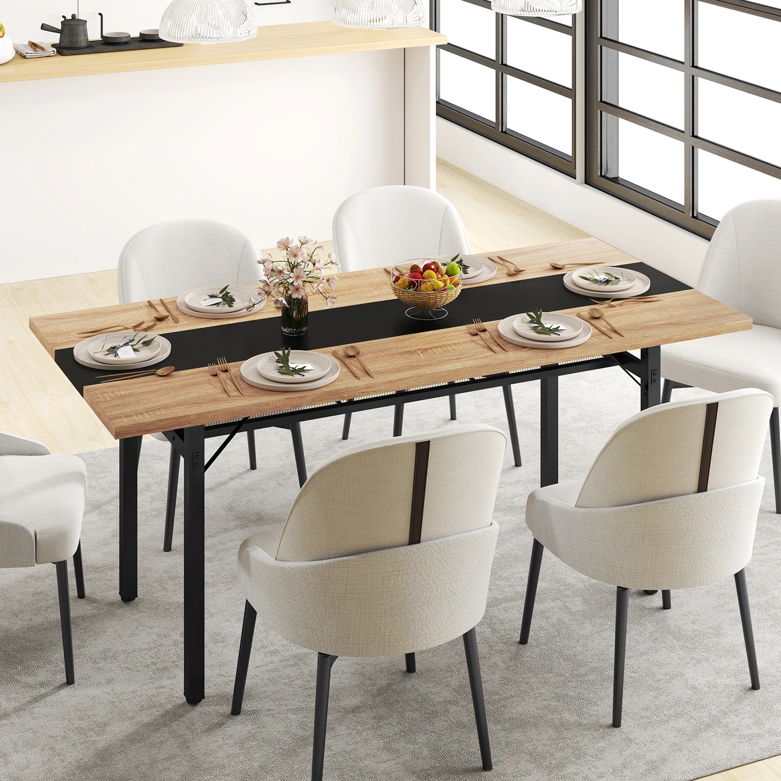 2 Costway 180cm Dining Table w/Storage Rack Rectangular Metal Frame Kitchen Cafe Table - Natural, 2 of 4