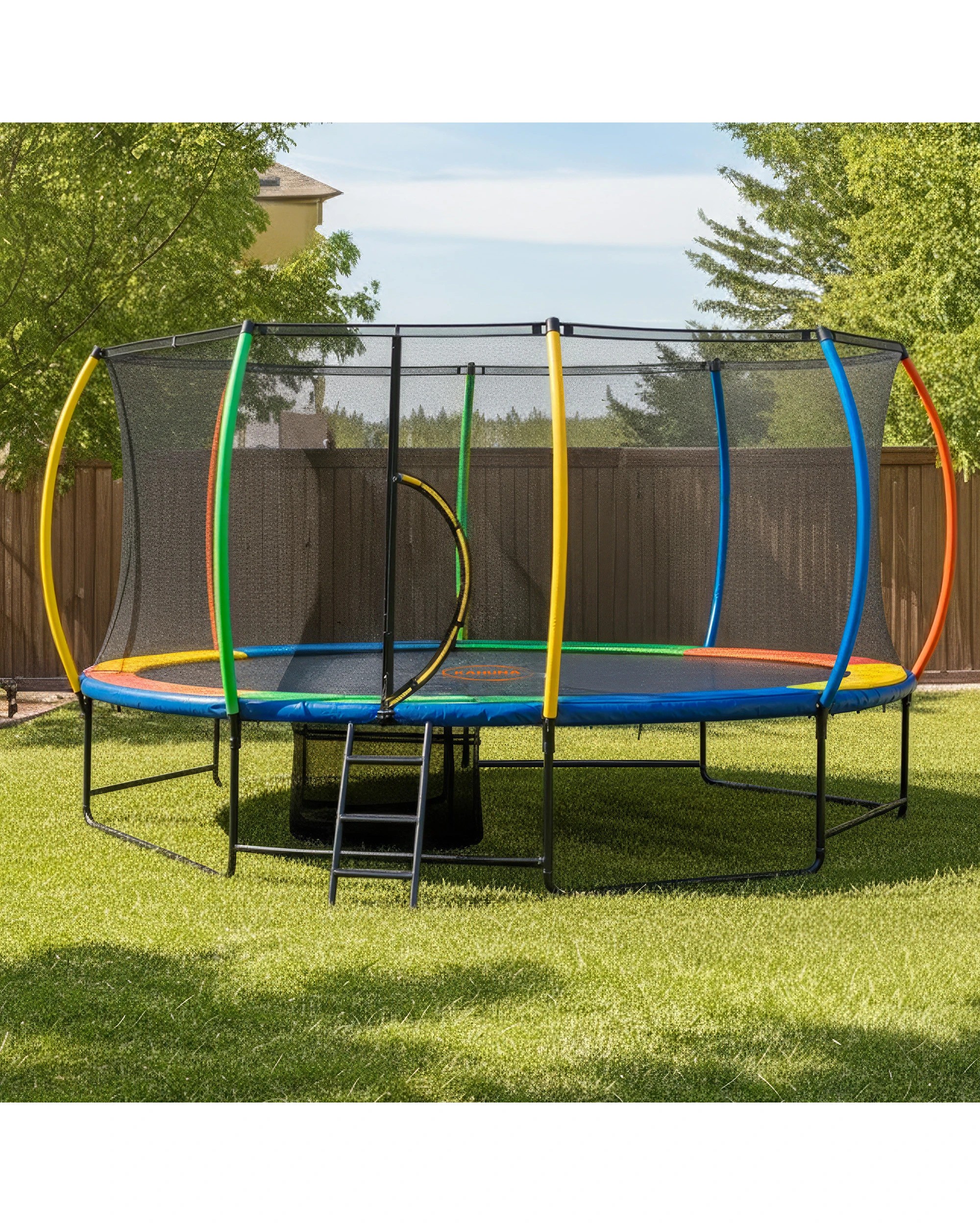 4 Kahuna 10 ft x 15 ft Oval Outdoor Trampoline with Reversible Rainbow and Orange Safety Pad Safety Net and Ladder, 4 of 6