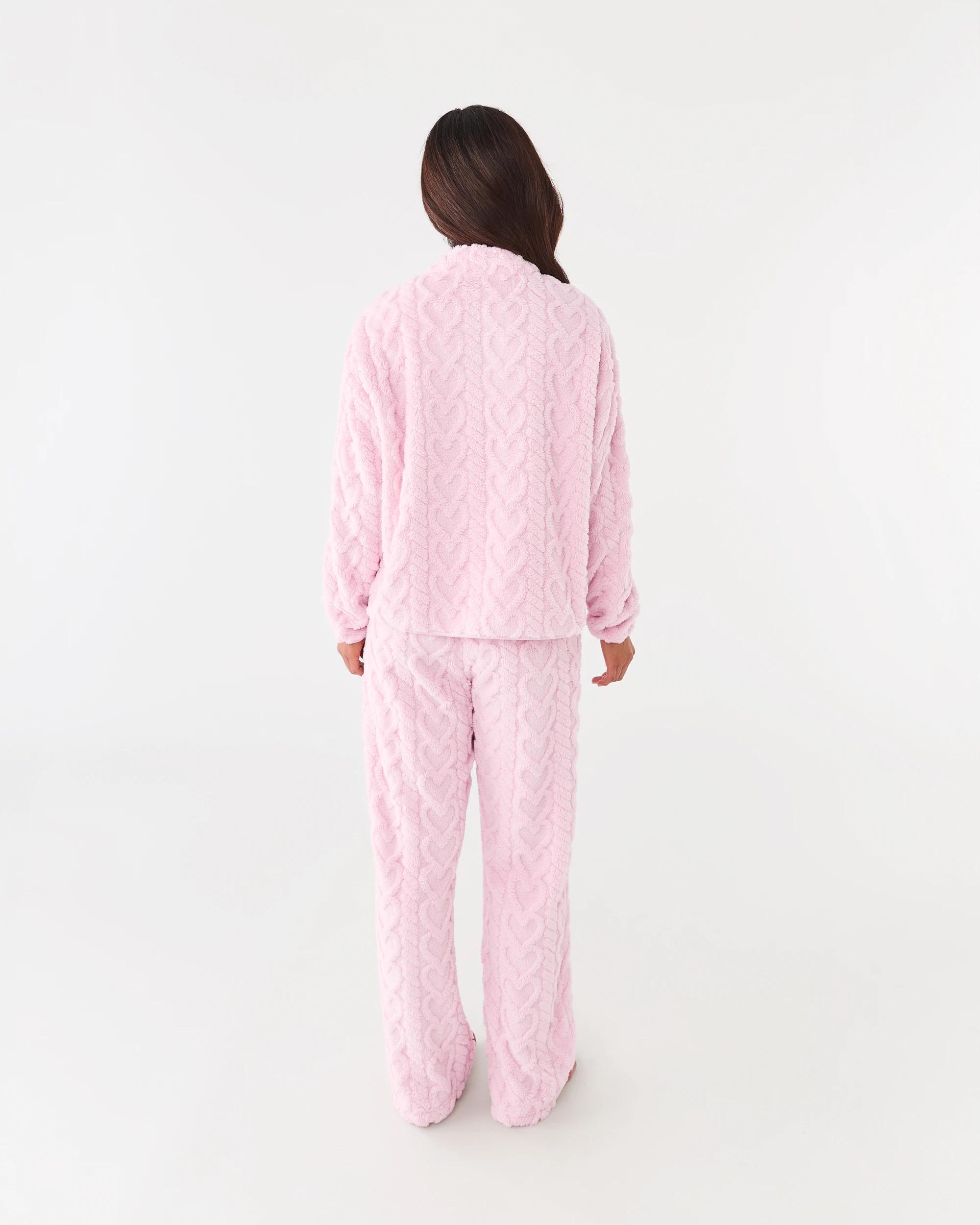 3 Quarter Zip Fleece Long Sleeve Top and Pants Pyjama Set Bllet Pink, 3 of 6