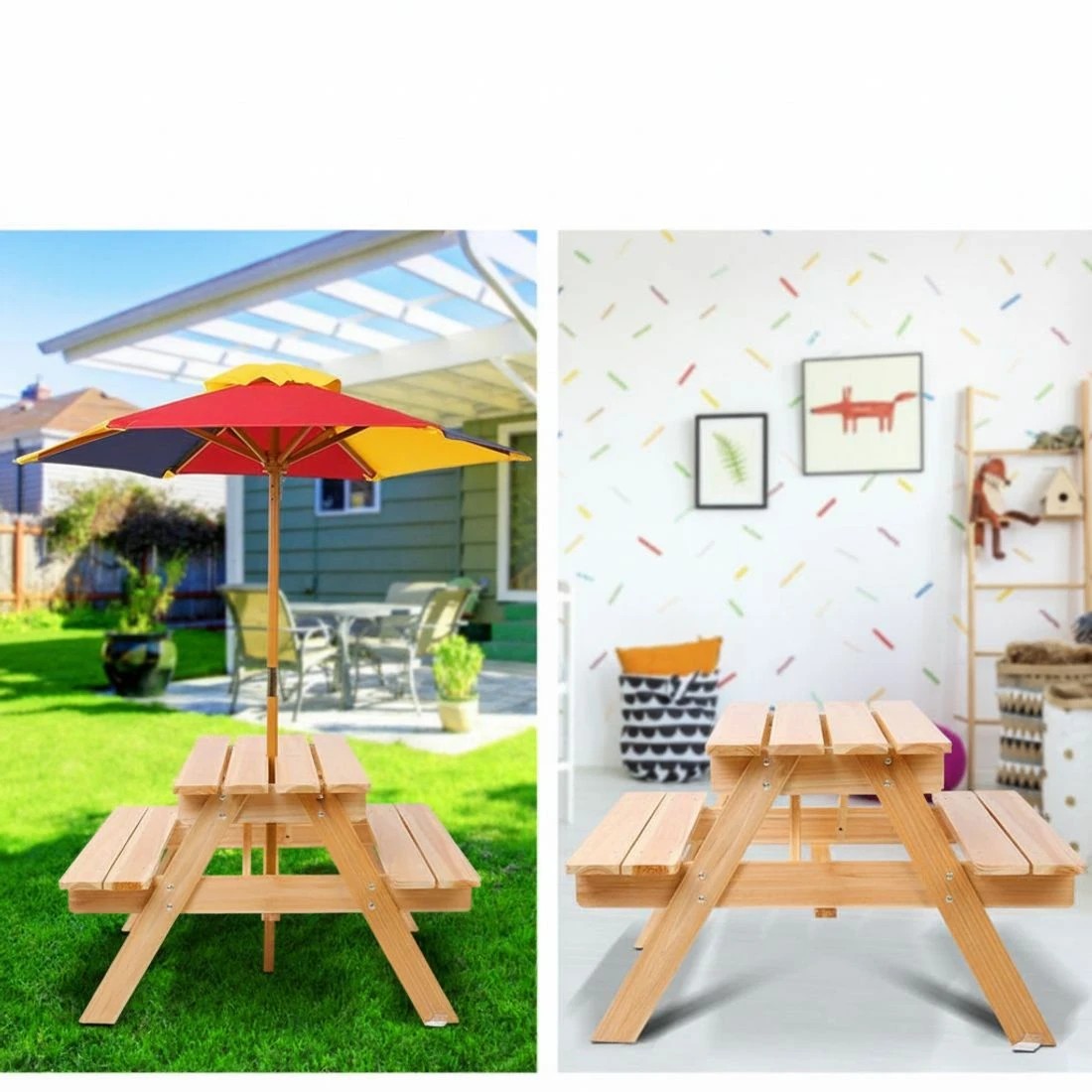 6 Keezi Kids Outdoor Table and Chairs Wooden Picnic Bench Set Umbrella - Brown, 6 of 10