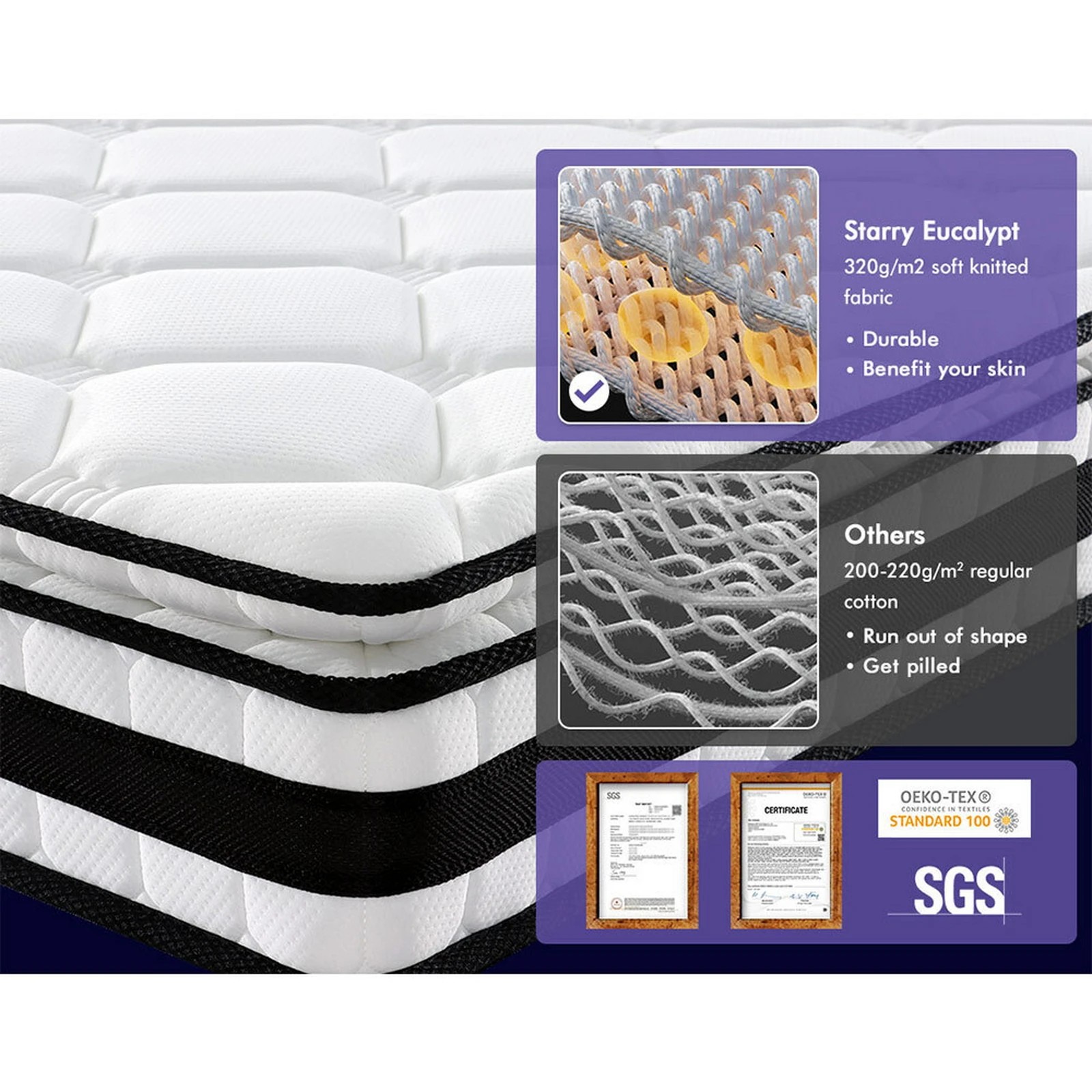 5 Starry Eucalypt Mattress Pillow Top Foam Bed Bonnell Spring 22cm - King Single Bed, 5 of 10