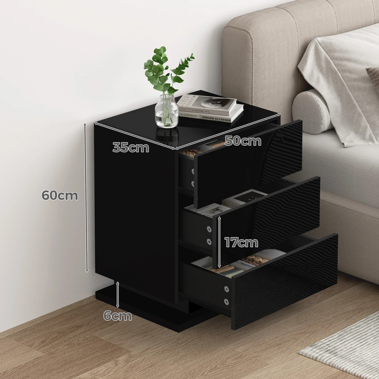 5 Alfordson 2x Bedside Table LED Nightstand 3 Drawers High Gloss - Black, 5 of 10