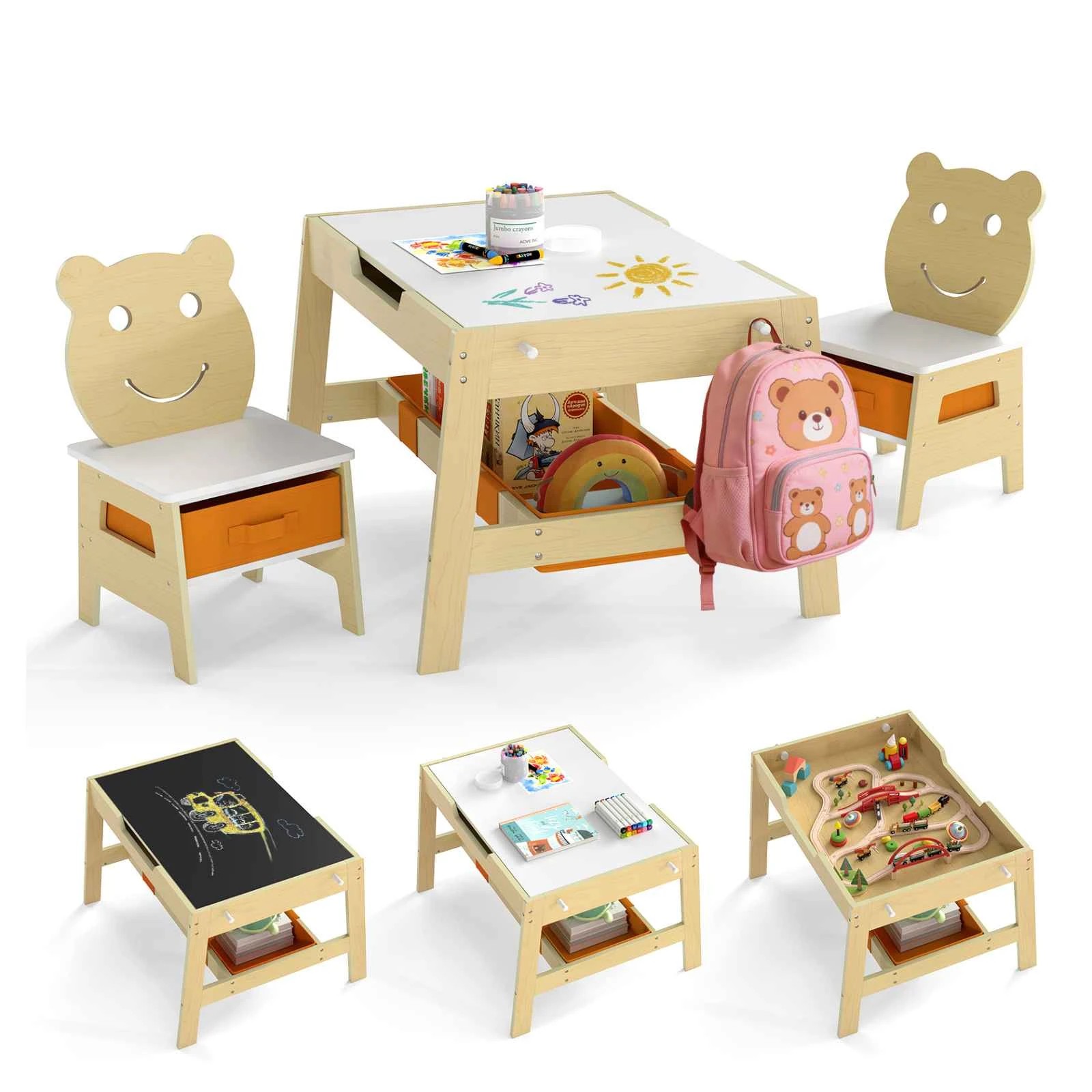 1 Costway Table & 2 Chairs Set Wooden Activity Furniture Double-sided Chalkboard Whiteboard - Natural, 1 of 3