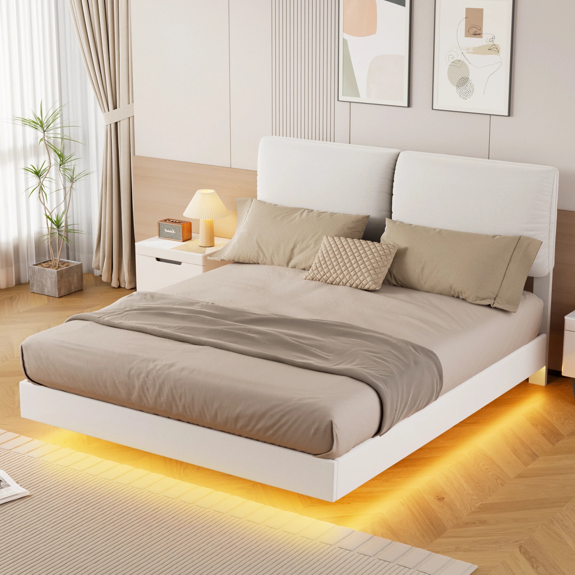 7 Levede Double Upholstered Platform Bed Frame with Light - Beige, 7 of 9