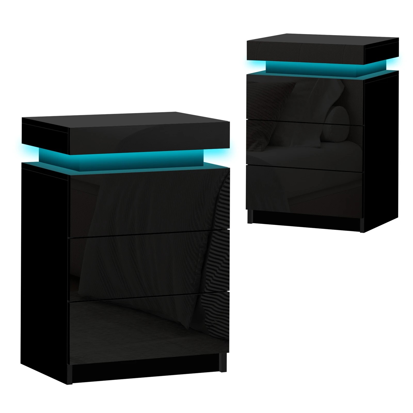 1 Alfordson 2x Bedside Table RGB LED Nightstand 3 Drawers High Gloss - Black, 1 of 10