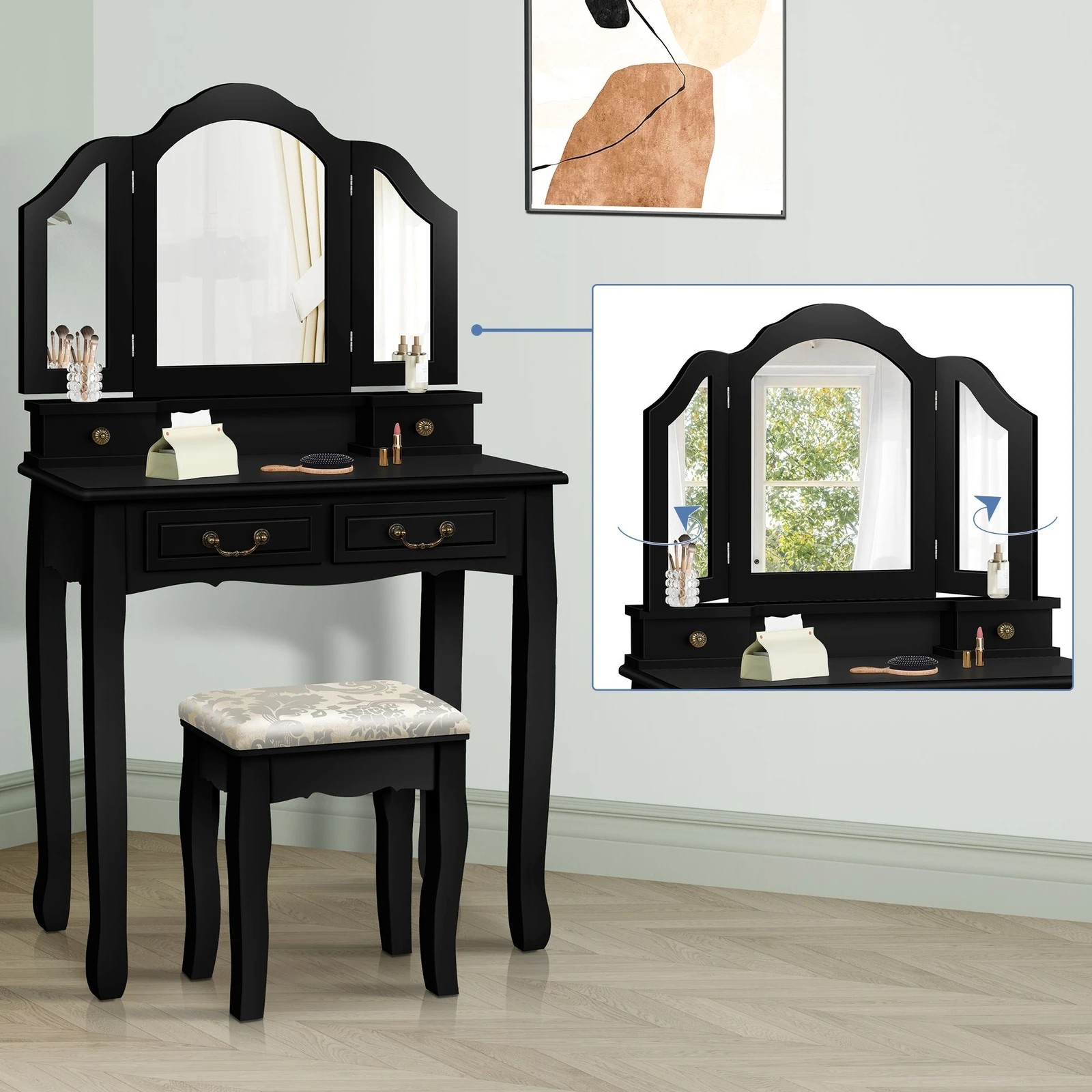3 Alfordson Dressing Table Stool Set Makeup Foldable Mirror Vanity Desk - Black, 3 of 10