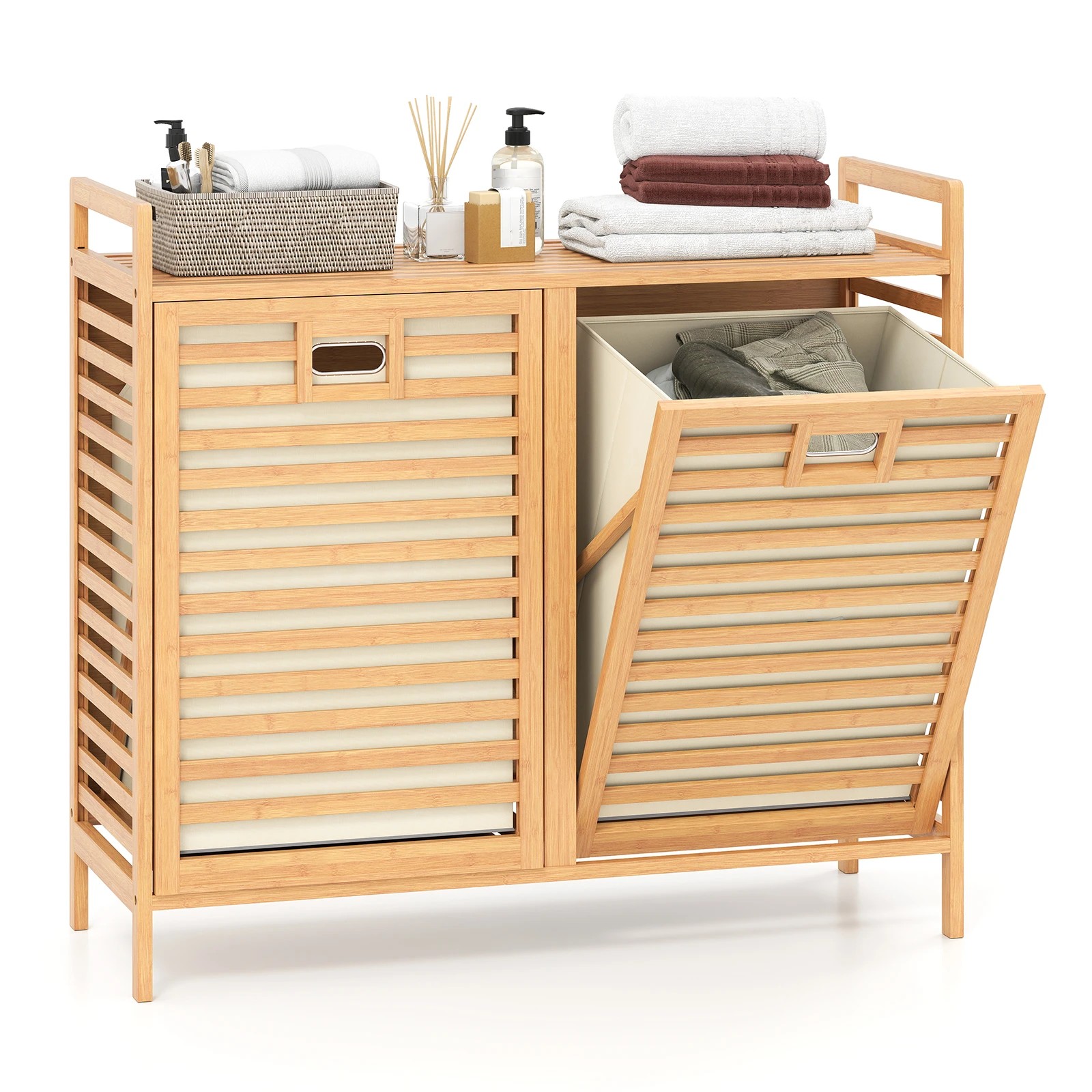 5 Costway 75L Bamboo Laundry Hamper Double Tilt-out Cabinet w/2 Removable Bins - Natural, 5 of 6
