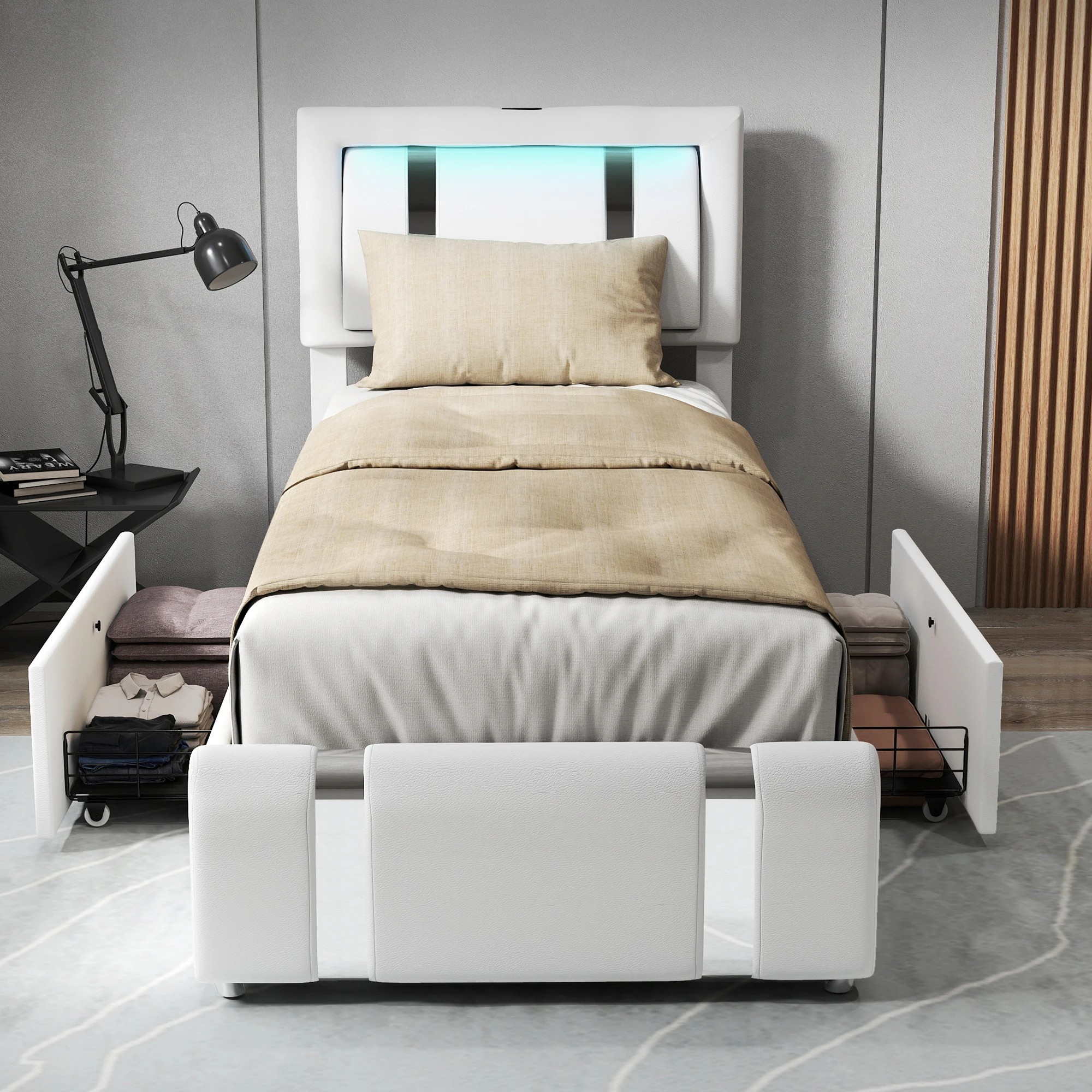 7 Levede Single Bed Frame PU with LED USB and 2 Drawers - White, 7 of 9