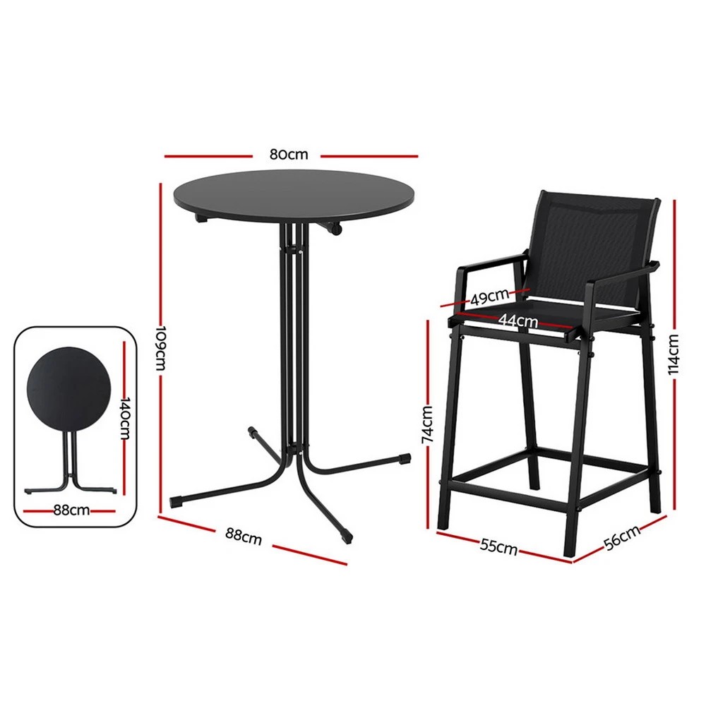 2 Gardeon 3PC Outdoor Bar Set Stools Dining Chairs Table Patio Furniture Bistro Set - Black, 2 of 7