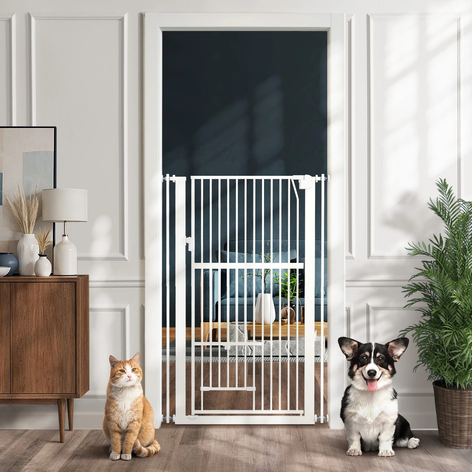 2 Alopet 143cm Retractable Safety Gate Pet Dog Cat with Walk Through Door - White, 2 of 7