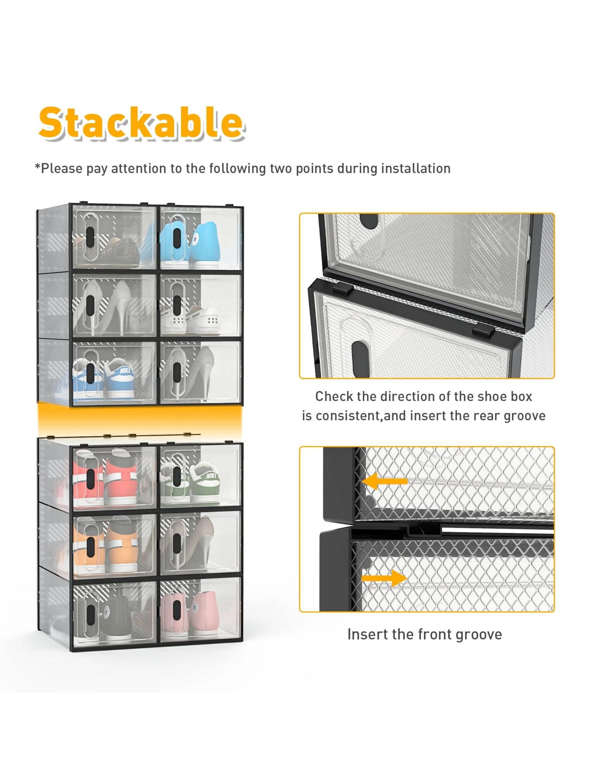 6 Advwin 12Pcs Clear Shoe Storage Case Display Box Stackable Sneaker Rack Black, 6 of 8