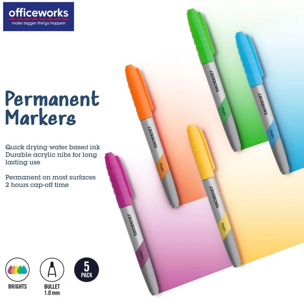 5 J.Burrows Permanent Markers 1mm Bullet Brights 5 Pack, 5 of 5