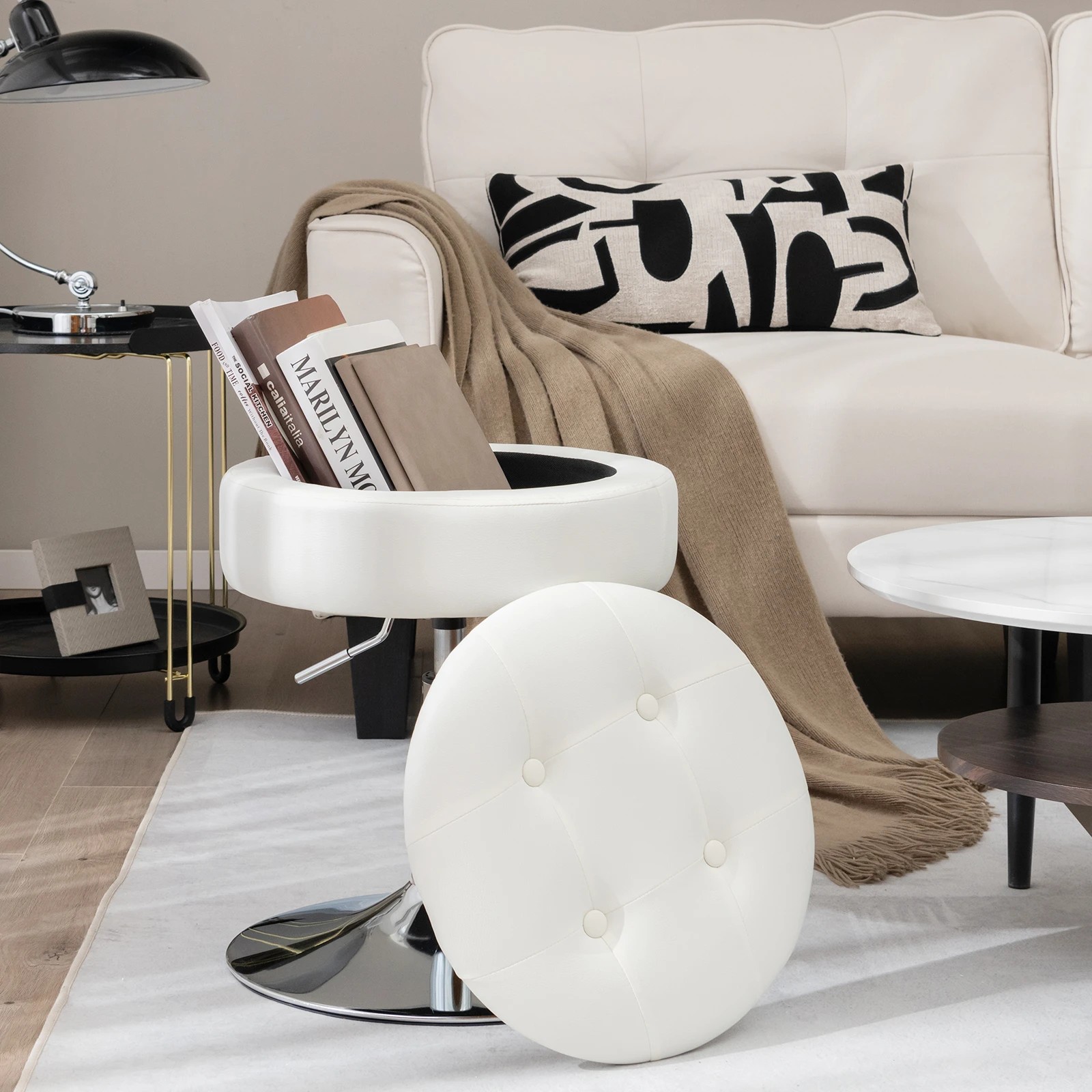 3 Costway Swivel Stool PU Leather Storage Makeup Dressing Chair - White, 3 of 6