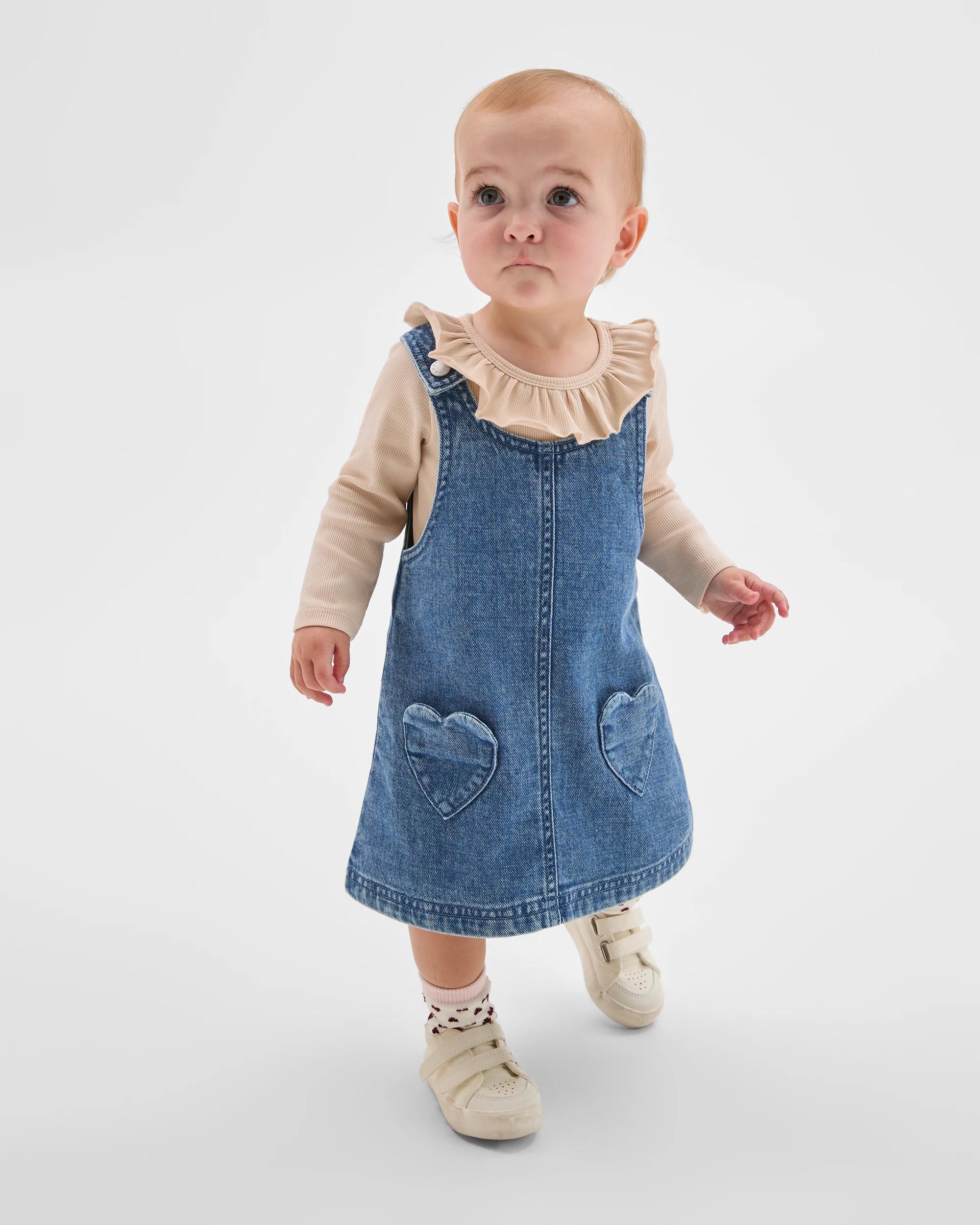 1 Target Baby Baby Organic Cotton Bodysuit and Denim Pinafore 2 Piece Set MID WASH, 1 of 3