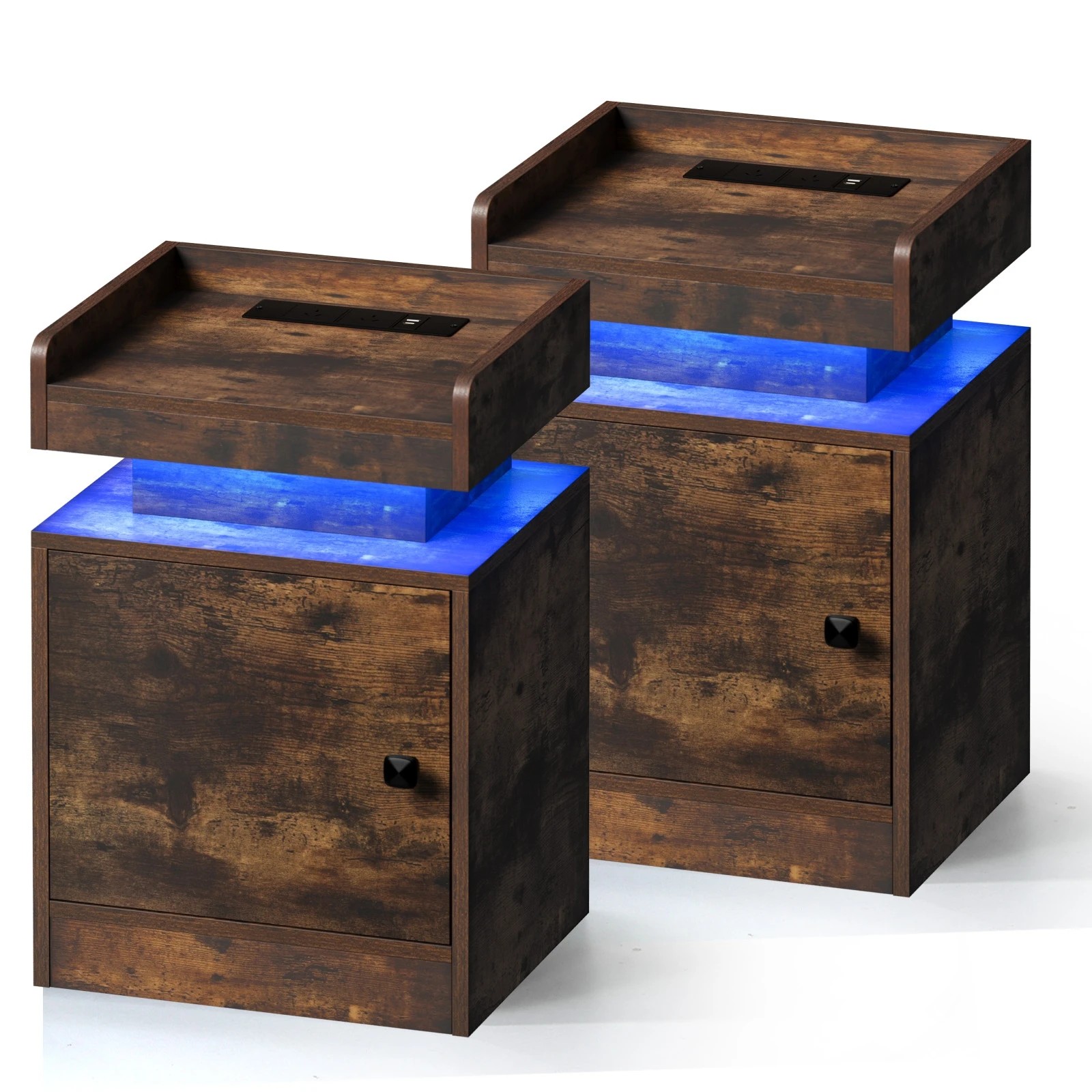 1 Oikiture 2x Bedside Table LED Nightstand USB Charging Station Side Table - Brown, 1 of 6