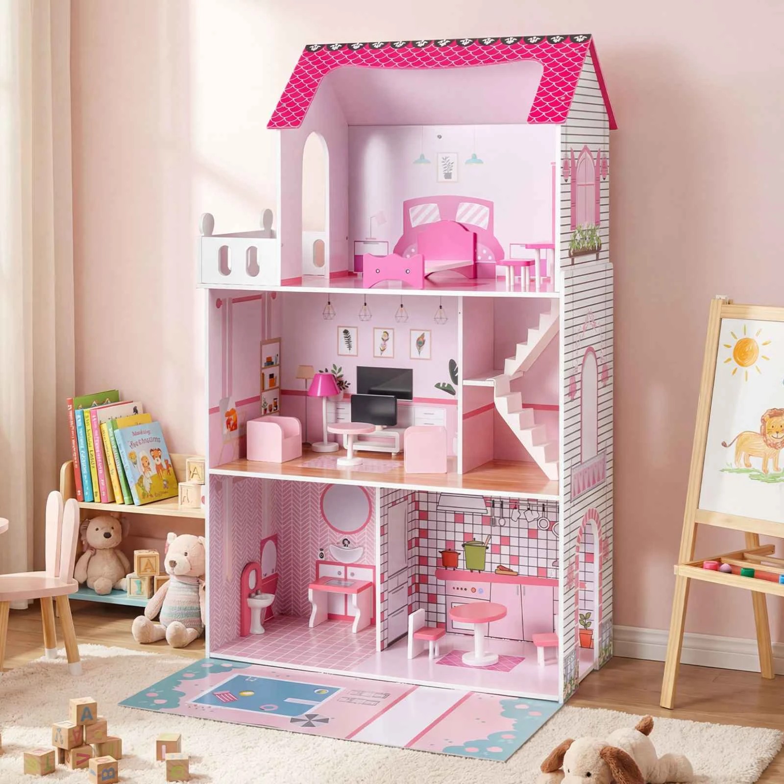 2 Costway 3-story Pretend Play Dollhouse Wooden Doll House - Pink, 2 of 3