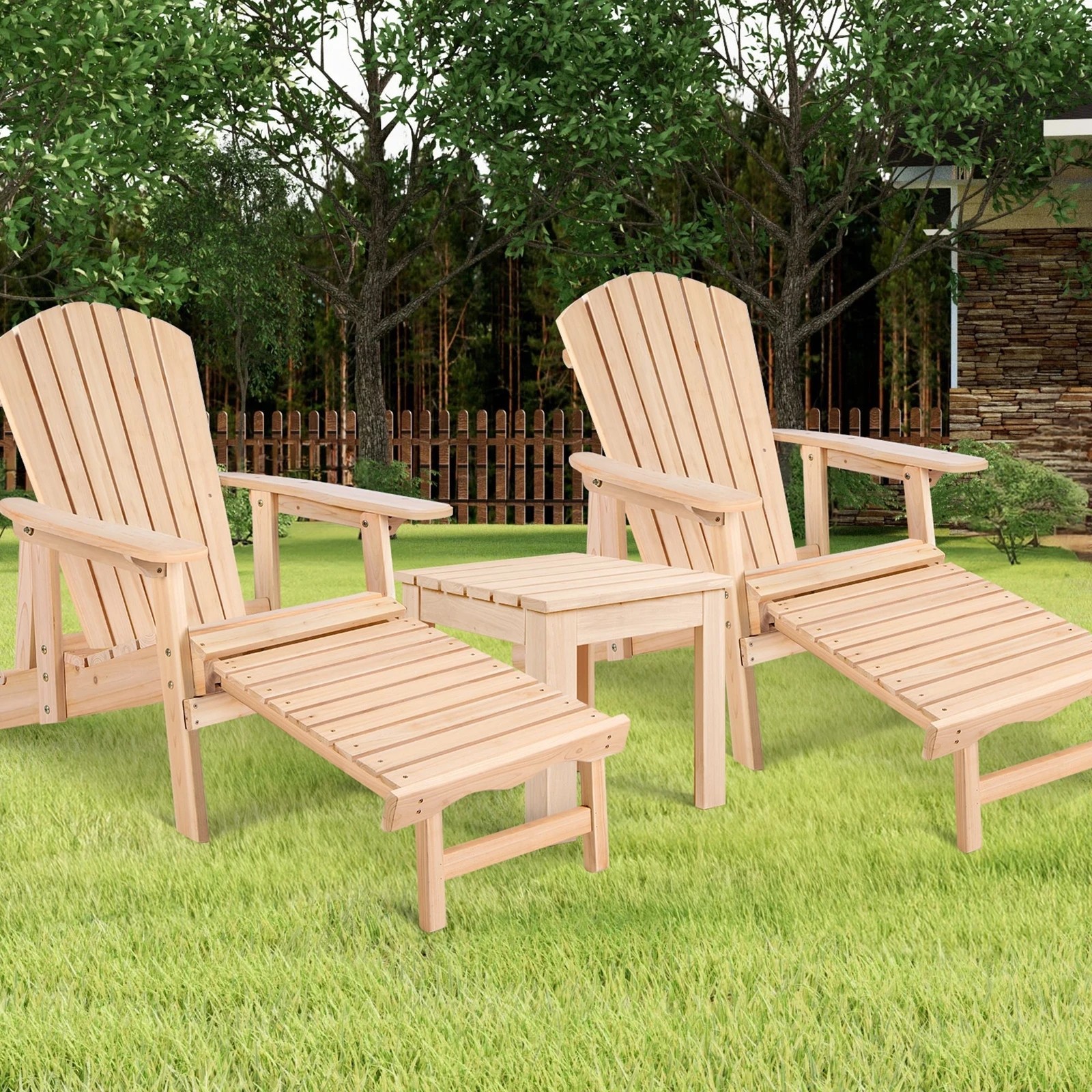 2 Alfordson Adirondack Chairs Table 3PCS Set Outdoor Furniture w/ Ottoman - Natural, 2 of 10