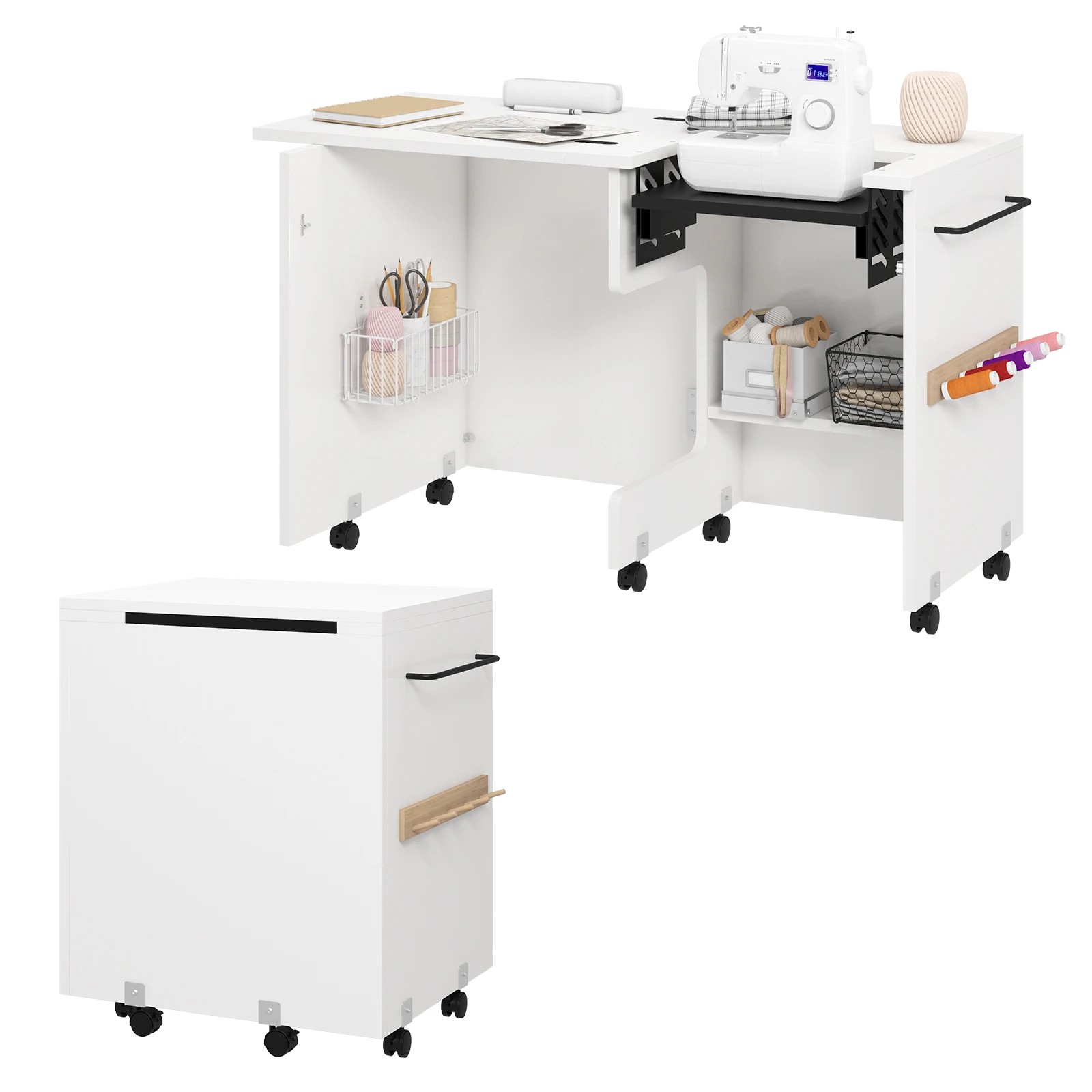 1 Advwin Folding Sewing Table with Adjustable Platform Lockable Wheels Thread Rack Storage Bin Shelf - White, 1 of 9