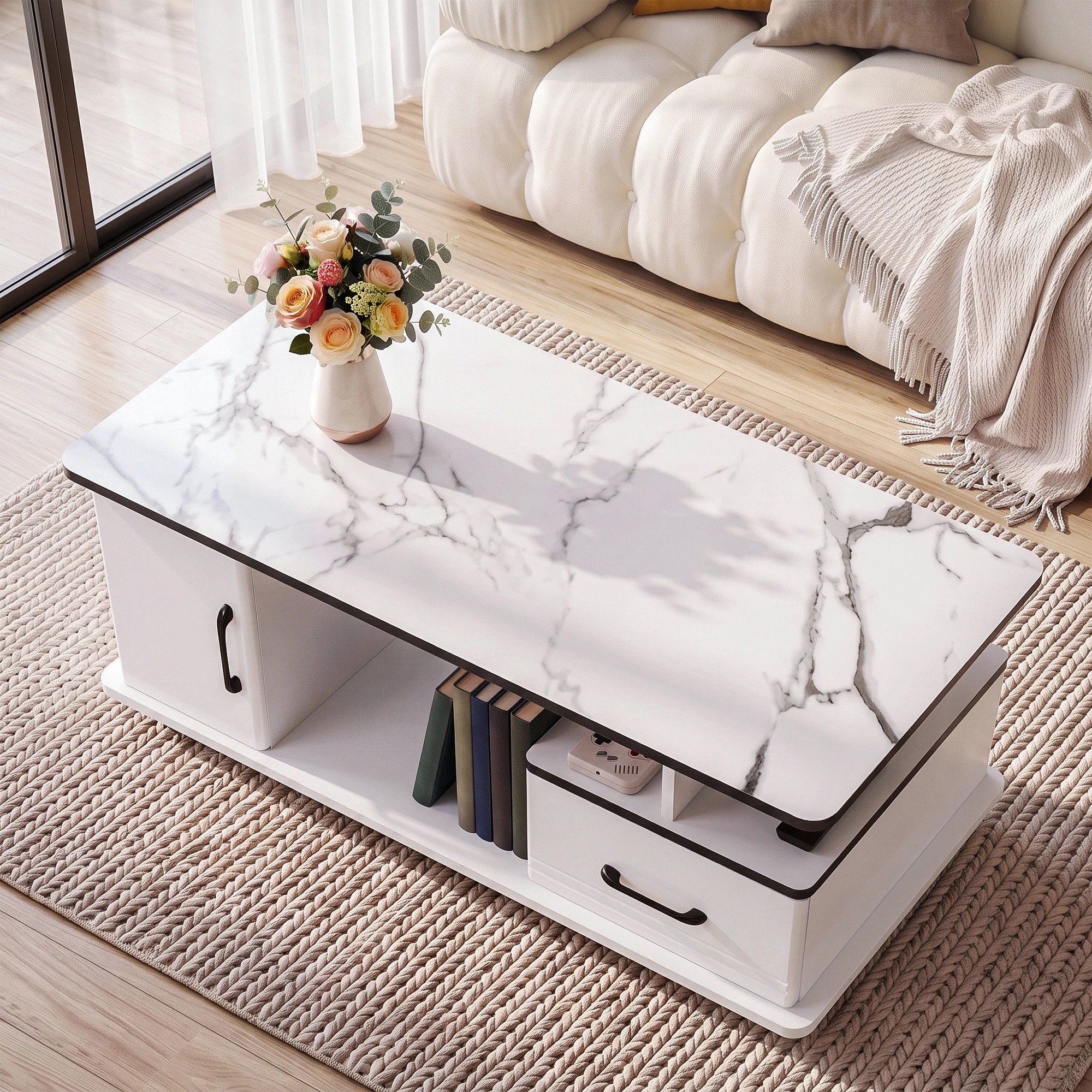 6 Artiss Table Marble Finish Center Table with Storage Drawer Cabinet Wood - White, 6 of 7