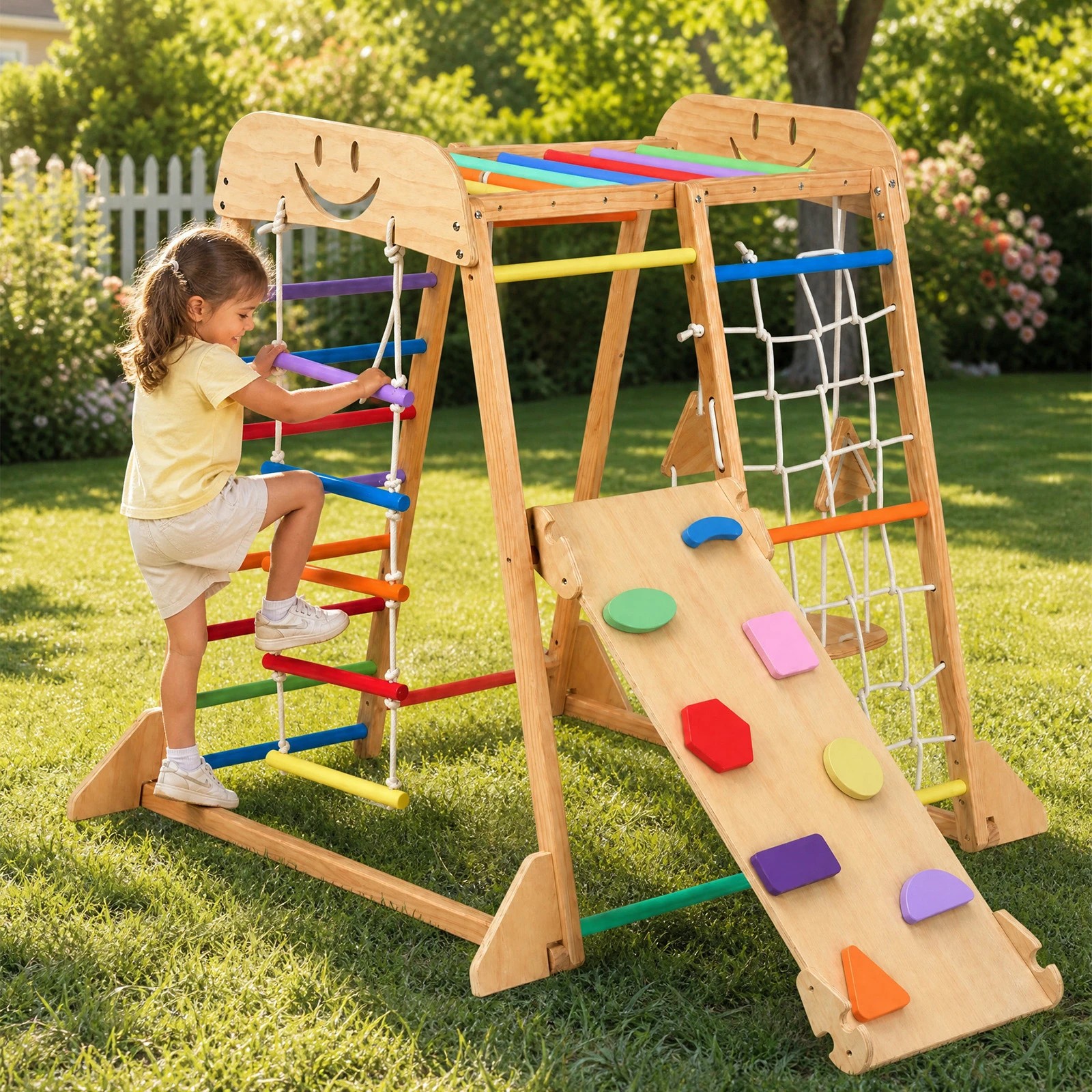 8 Advwin  Kids Climbing Frame with Slide and Swing Montessori Wooden Climbing Set with Monkey Bars and Rope Ladder - Multi, 8 of 9