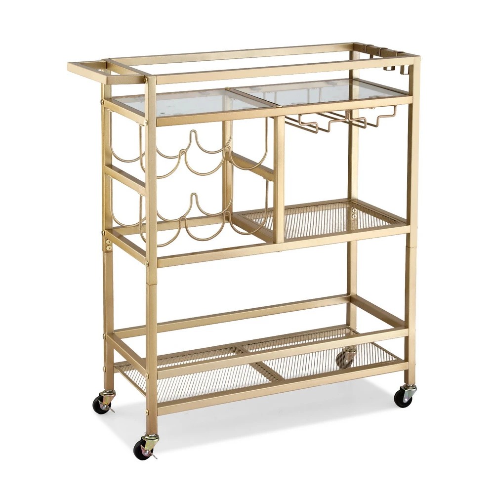 1 Artiss Bar Cart Drinks Trolley Serving Wine Rack Glass Holder 3 Hooks 72cm - Gold, 1 of 7