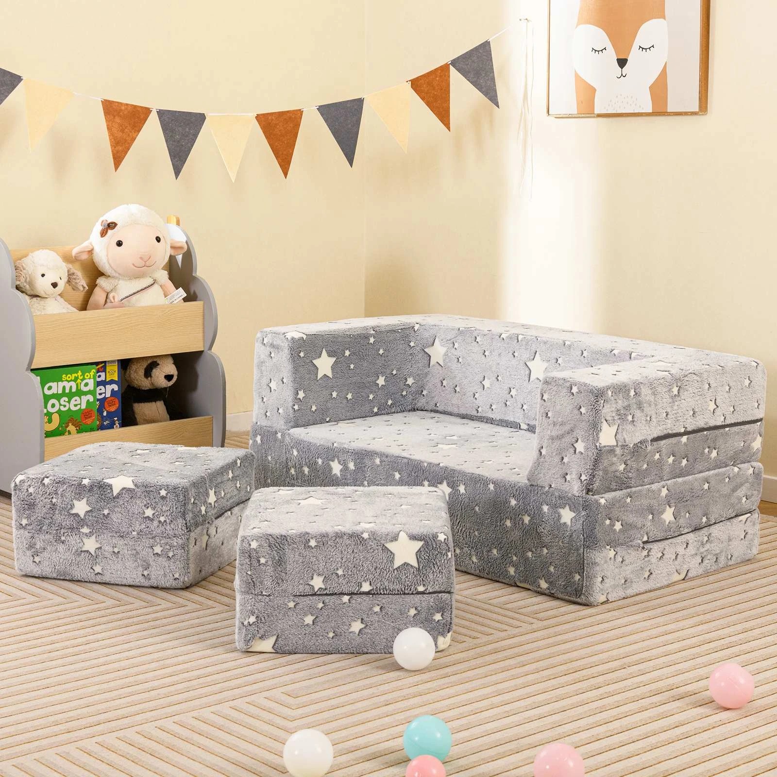 2 Costway Double Seater Luminous Foldable Sofa w/Flannel Cover - Grey, 2 of 2
