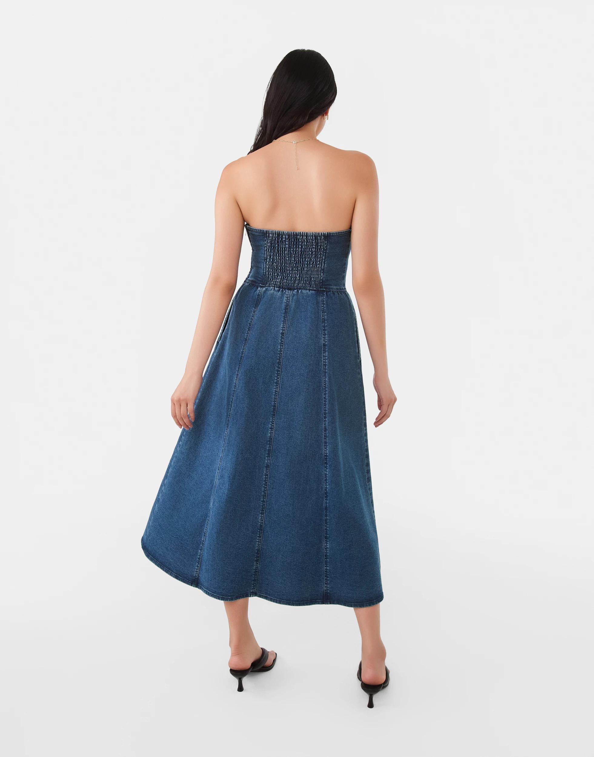3 Strapless Denim Midi Dress Dark Wash, 3 of 10