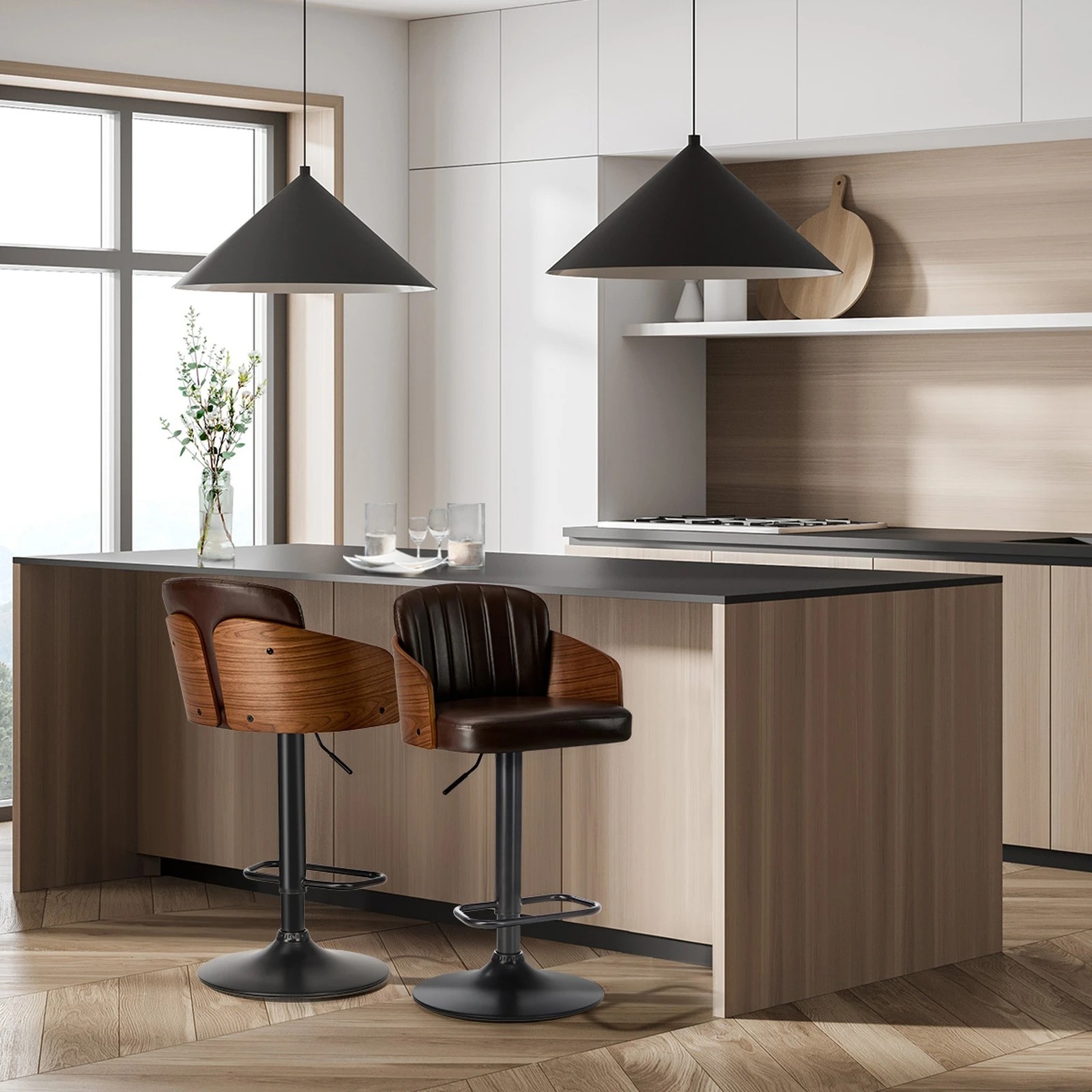 4 Oikiture 2x Bar Stools Vintage Leather Gas Lift  - Brown, 4 of 10