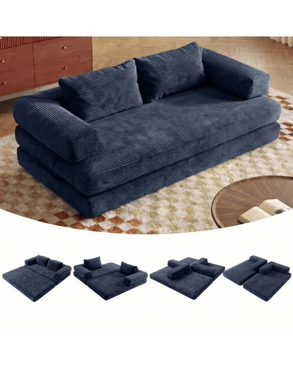Advwin Folding Sofa Bed 5 in 1 Convertible Floor Loveseat Fold Out Corduroy Sleeper Couch with L Shaped Armrests - Blue