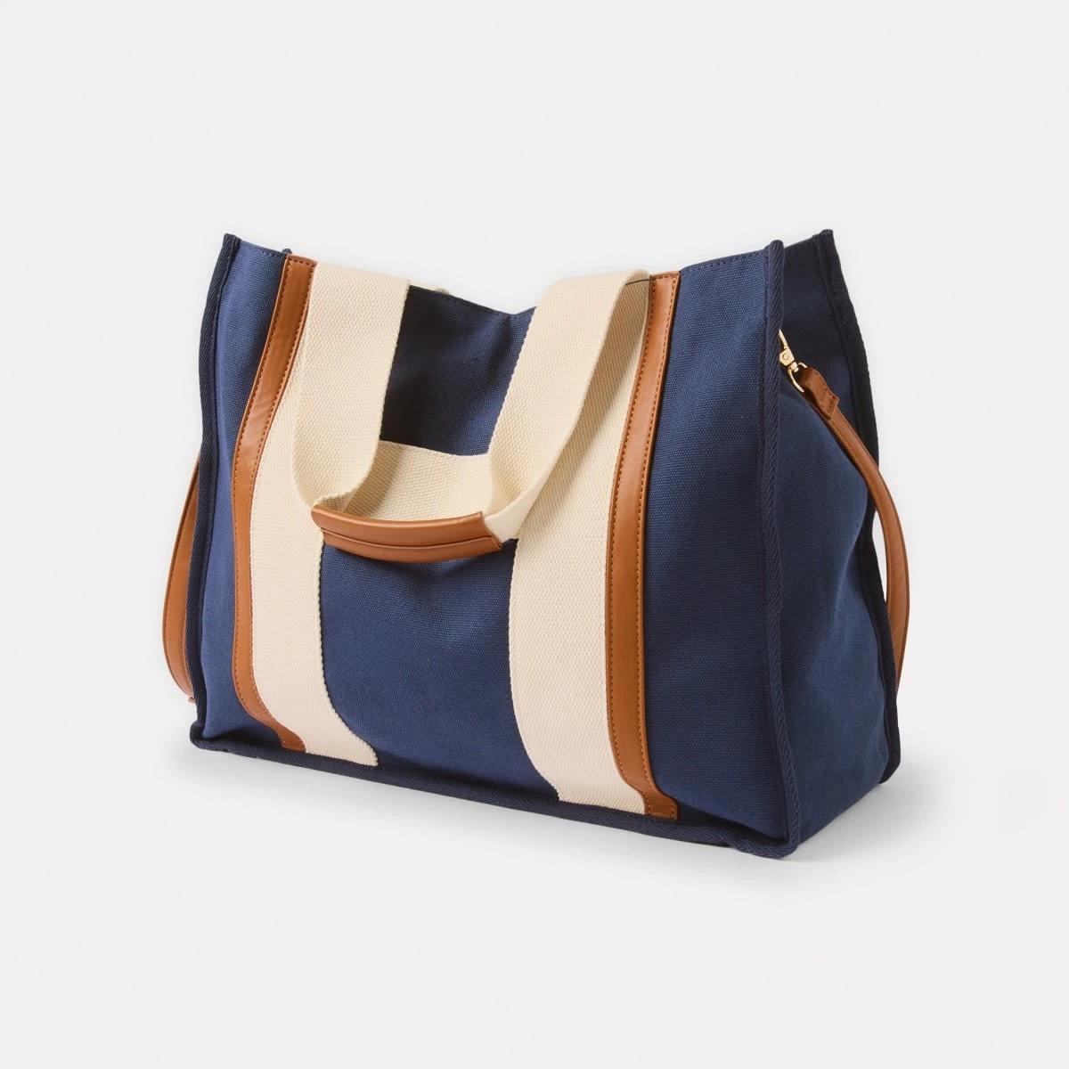 3 Canvas Tote Bag Navy Tan, 3 of 6