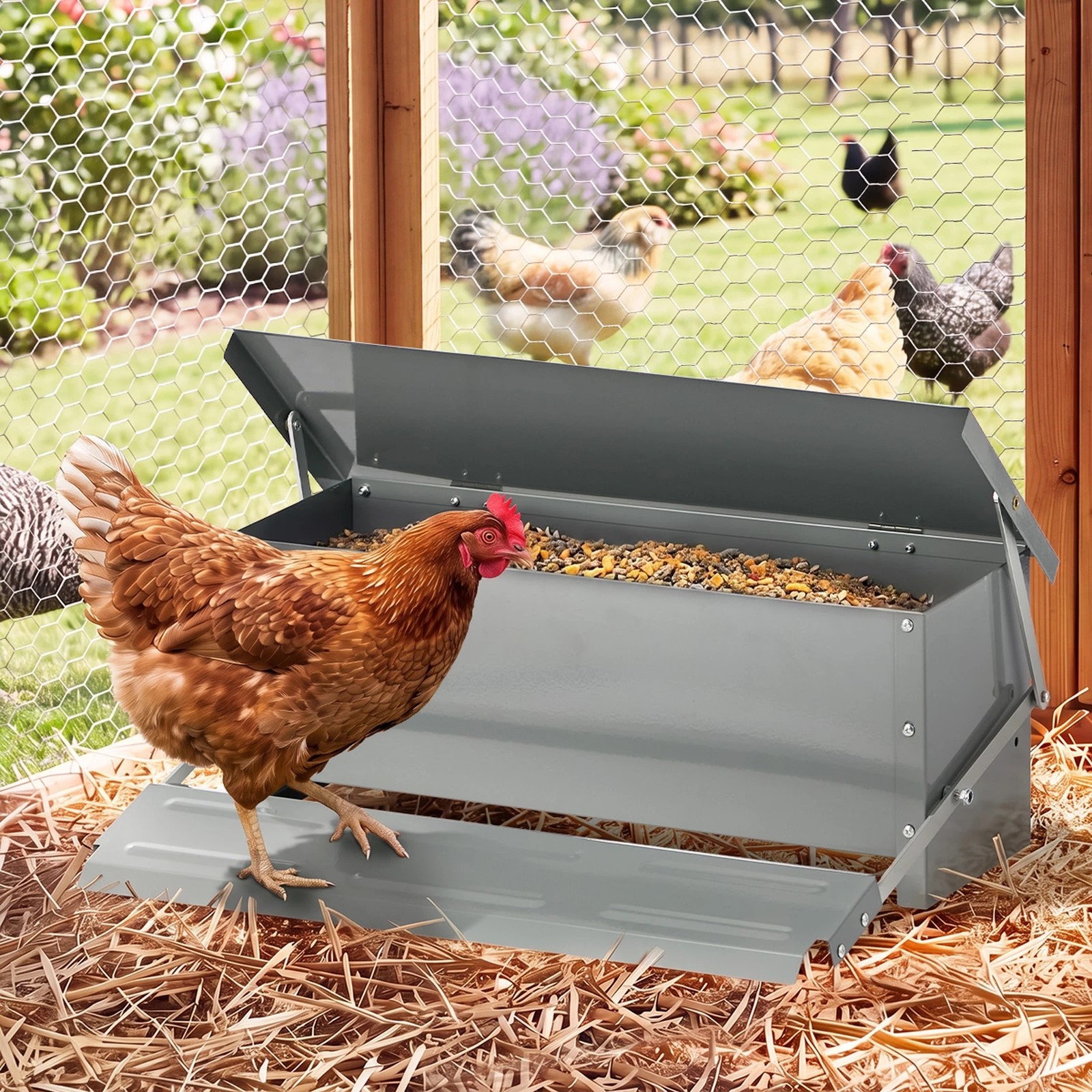4 Alopet Automatic Chicken Food Feeder Galvanized Treadle Self Opening Feed 10kg - Silver, 4 of 10