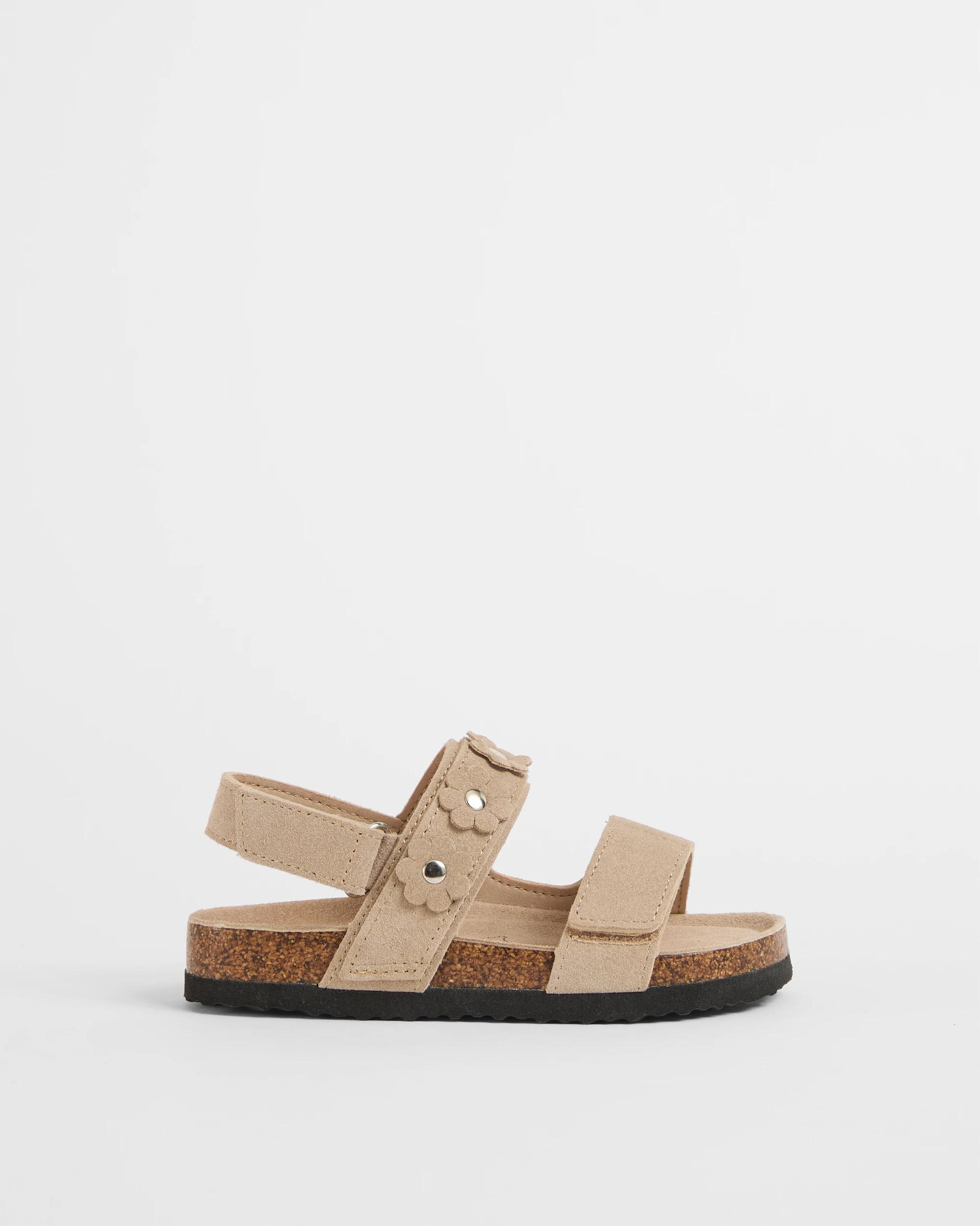 1 Target Baby First Walker/Junior Suede Leather Flower Moulded Cork Sandals SAND SUEDE, 1 of 3