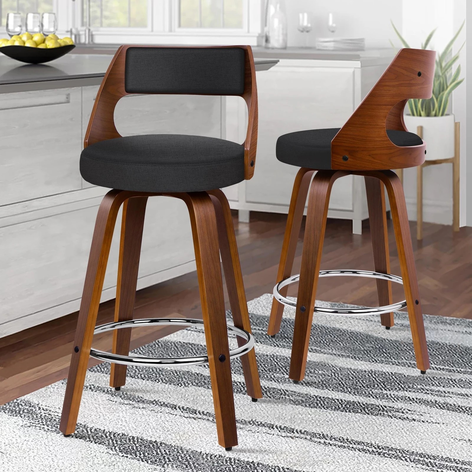 2 Alfordson 2x Swivel Bar Stools Eden Kitchen Dining Chair Wooden Fabric - Black, 2 of 10