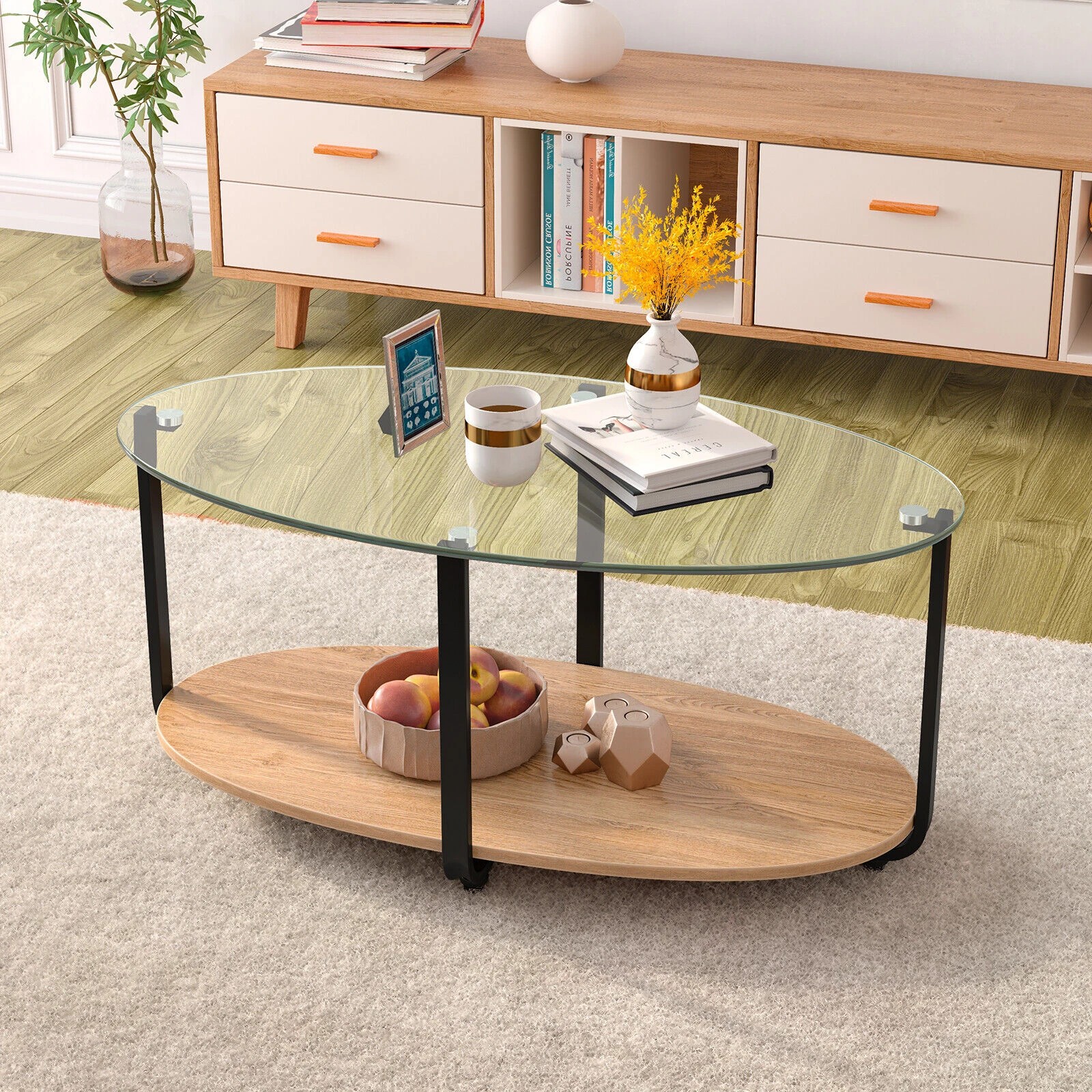 4 Costway 2-Tier Oval Coffee Side Table Glass Tabletop Home Office, 4 of 5