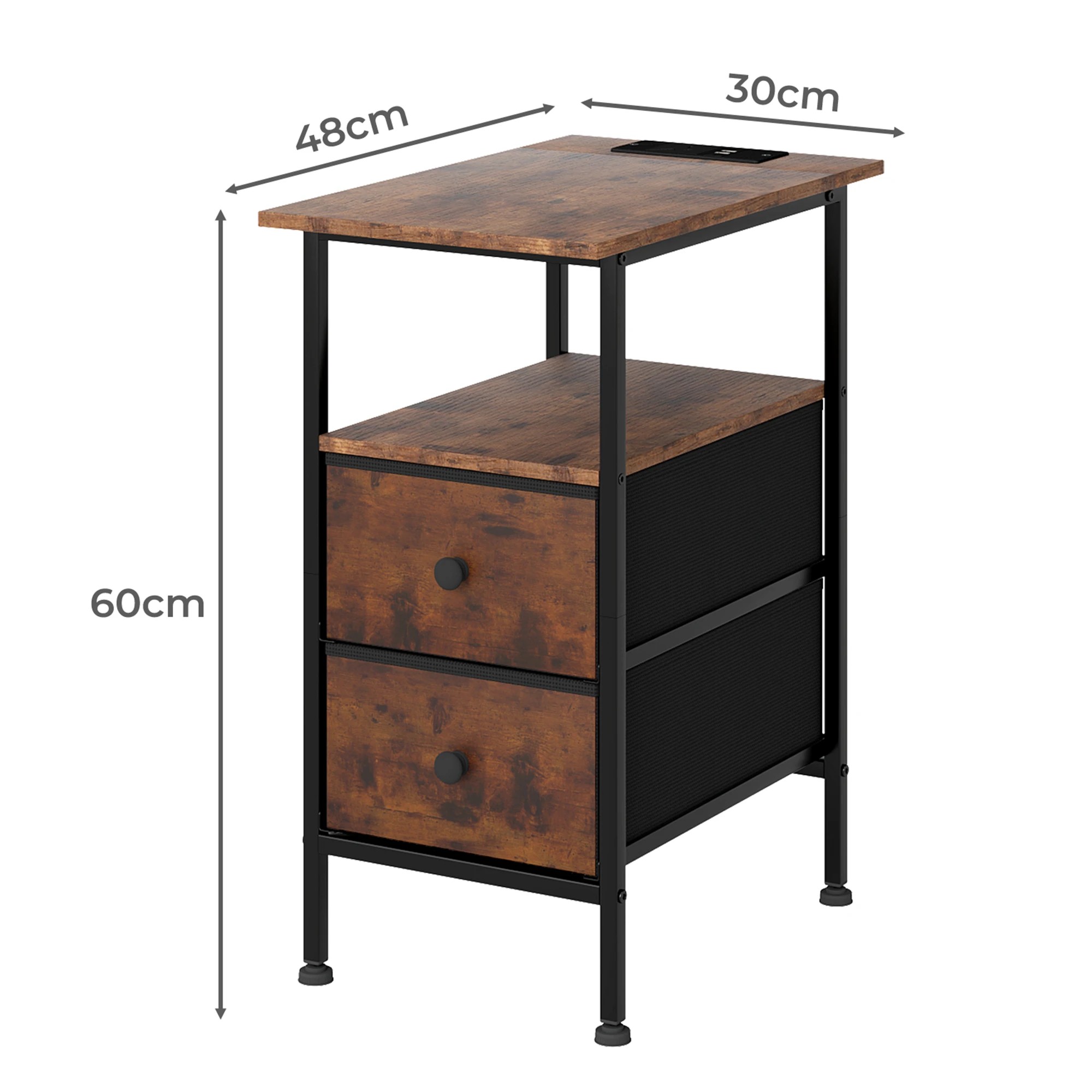 3 Levede Bedside Table USB Charge with 2 Drawers - Brown, 3 of 9