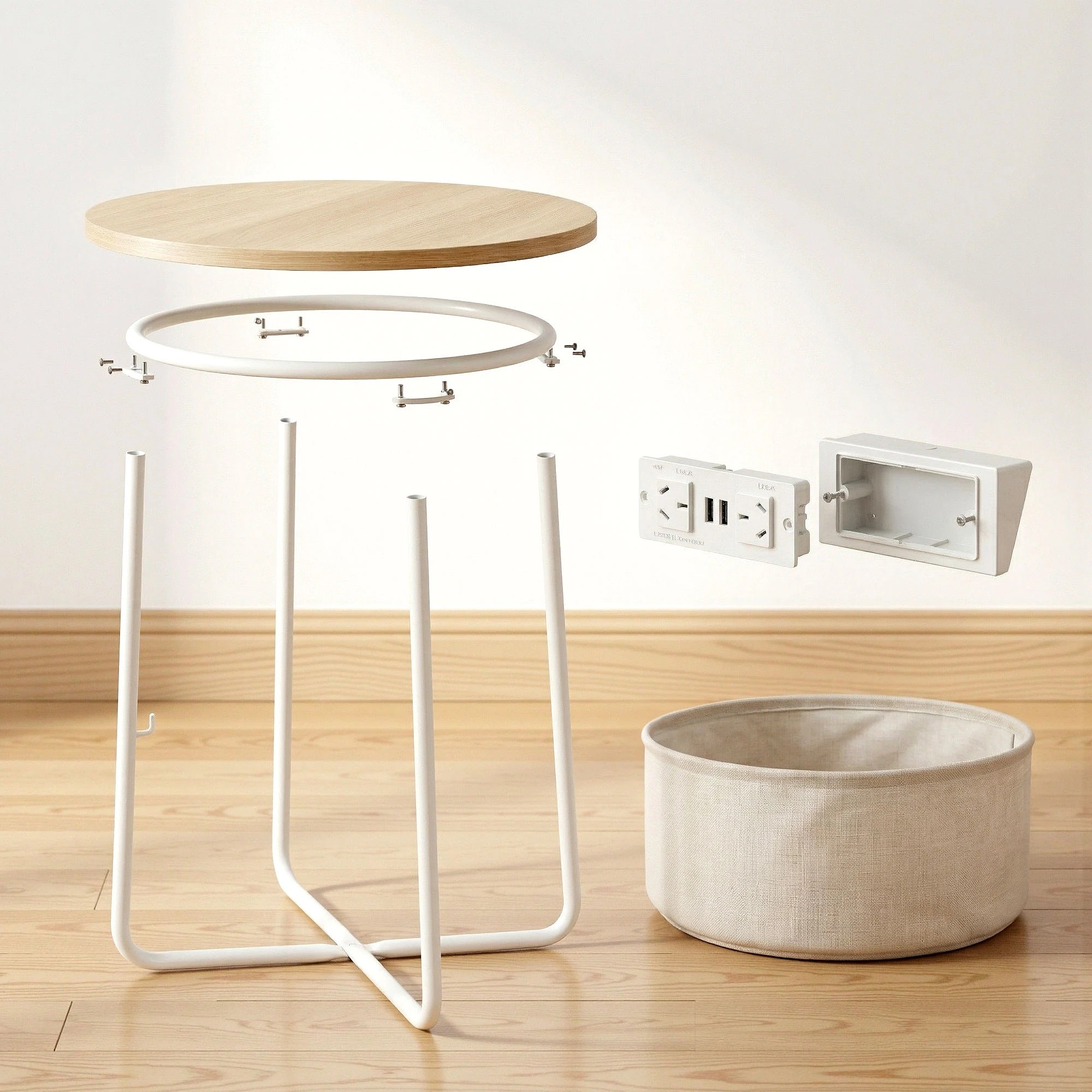 7 Artiss Round Coffee Table Side End Bedside Table Charging Station Storage Basket Wood - Beige, 7 of 9