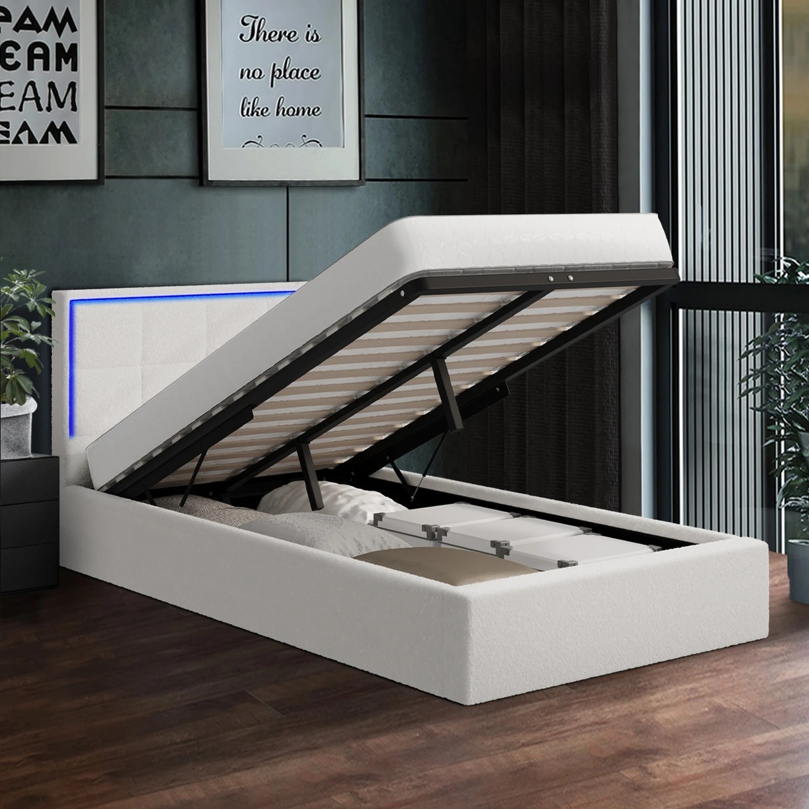 4 Oikiture Bed Frame King Single Size RGB LED Gas Lift Storage Base White Boucle - White, 4 of 9