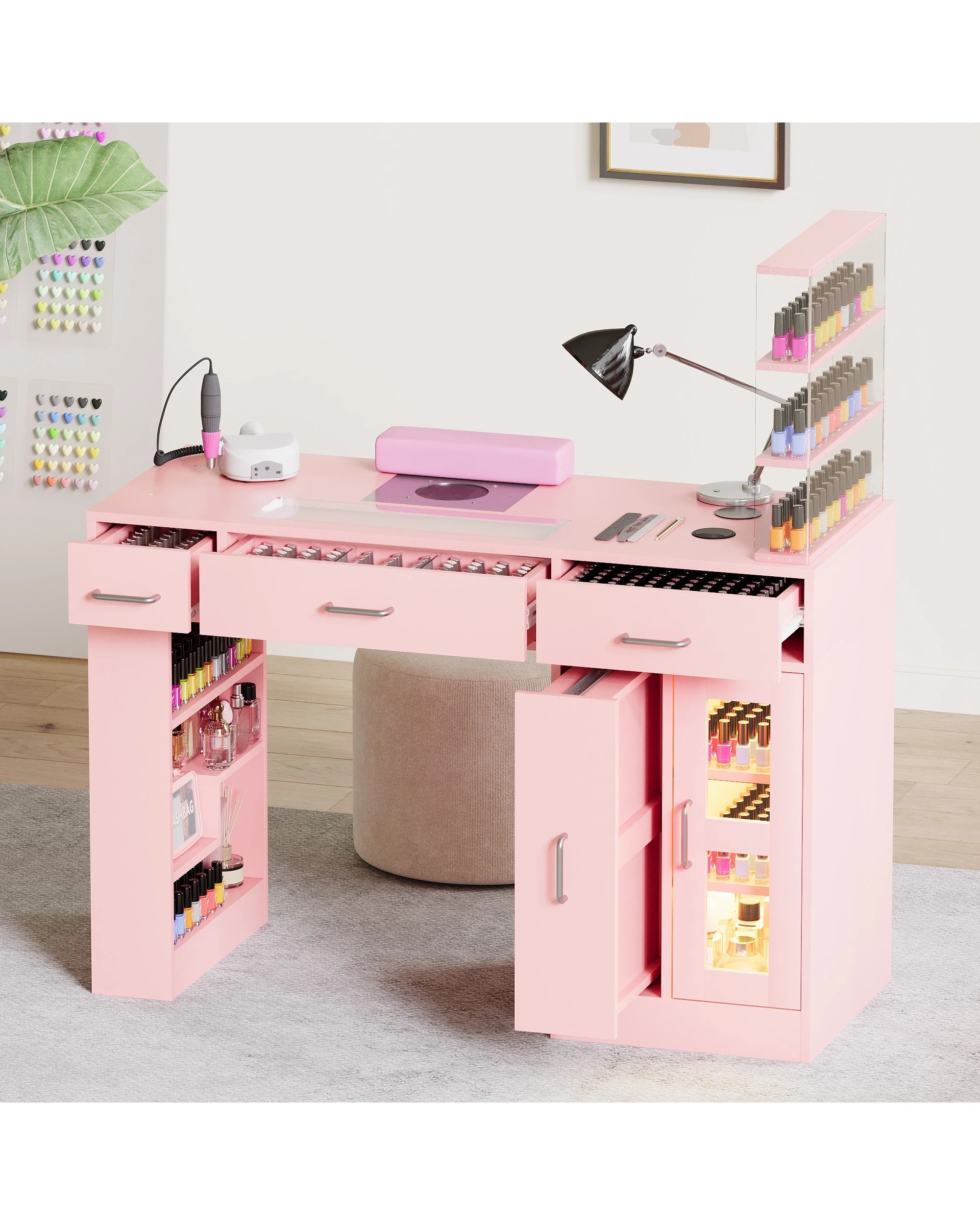 7 Advwin Vanity Nail Desk Manicure Table w/Glass Top Drawer Dust Collector Wireless Charging LED Light - Pink, 7 of 9