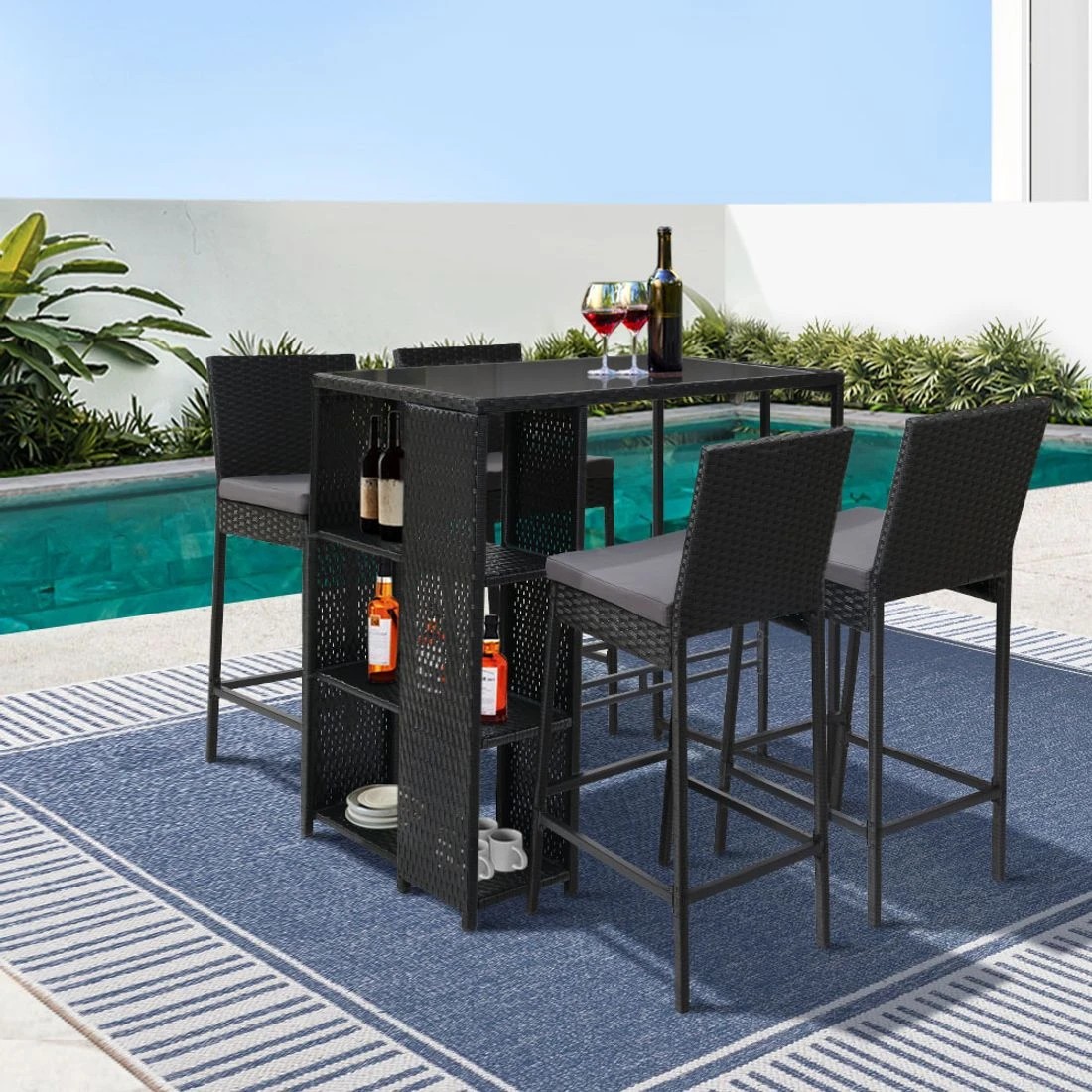 3 Gardeon 5-Piece Outdoor Bar Set Patio Dining Chairs Wicker Table Stools - Black, 3 of 6